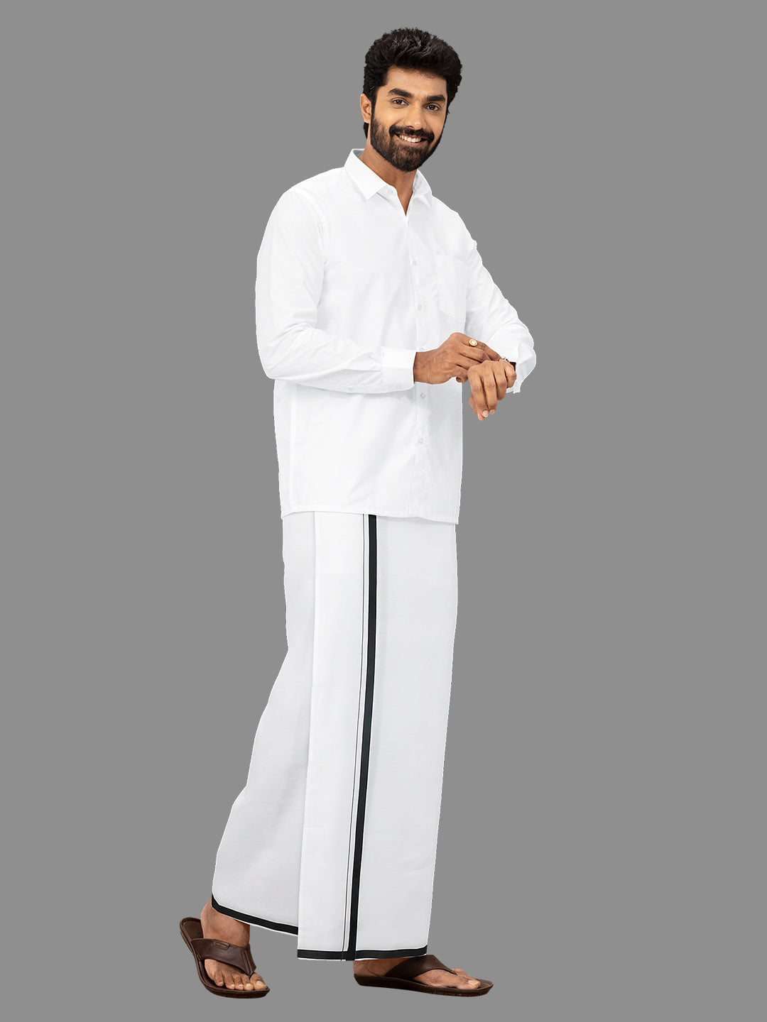 Men Cotton Blend Single Layer White Dhoti with Black Border Amul