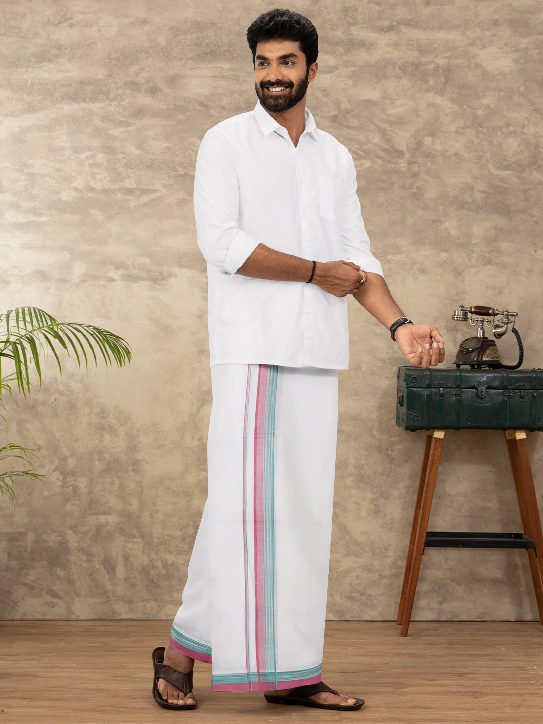 Men Cotton Blend Double Layer White Dhoti with Fancy Border Panchami Fancy PMF15