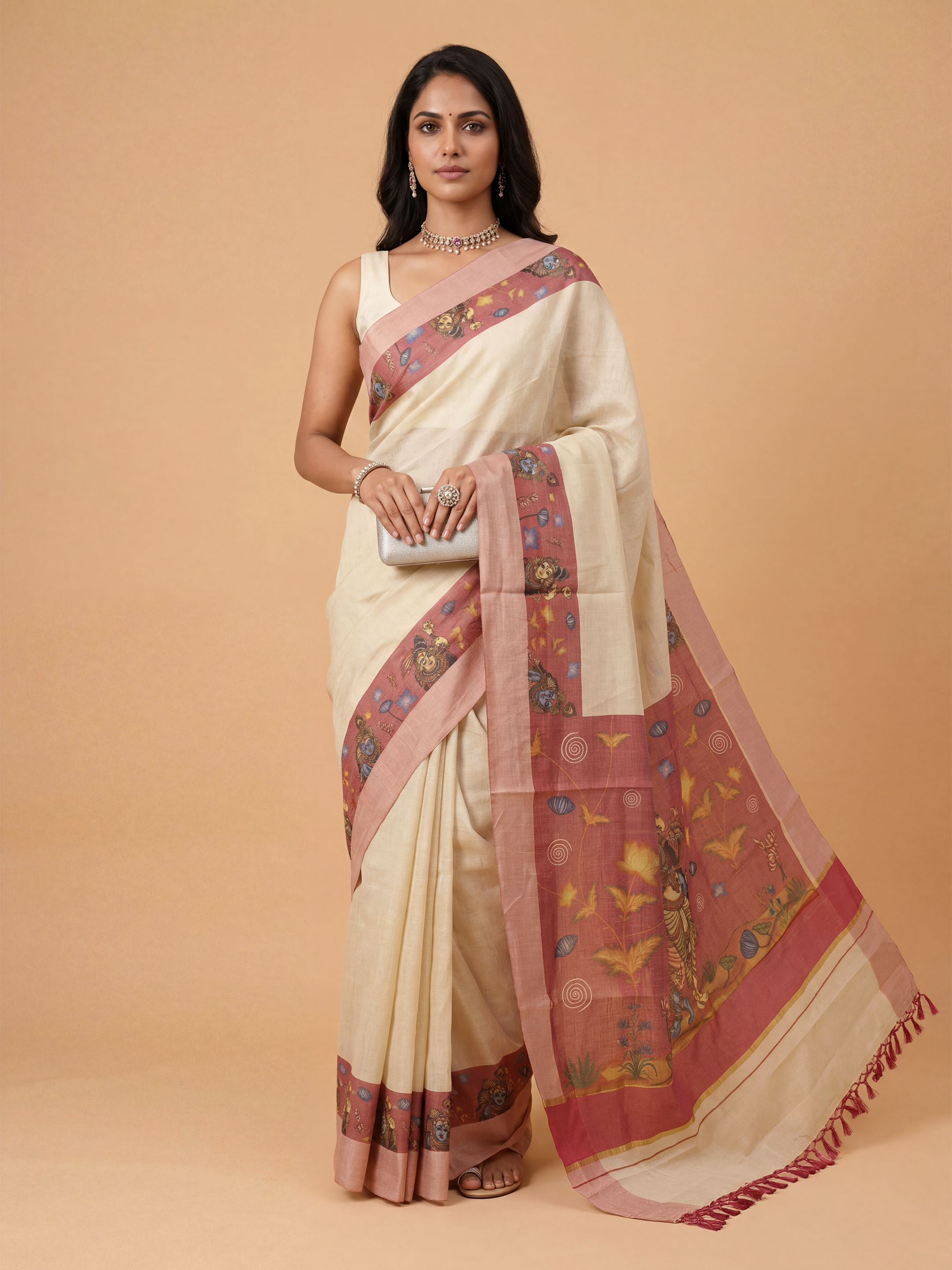Women Tissue Pink Krishna Printed Kerala Saree KLS21