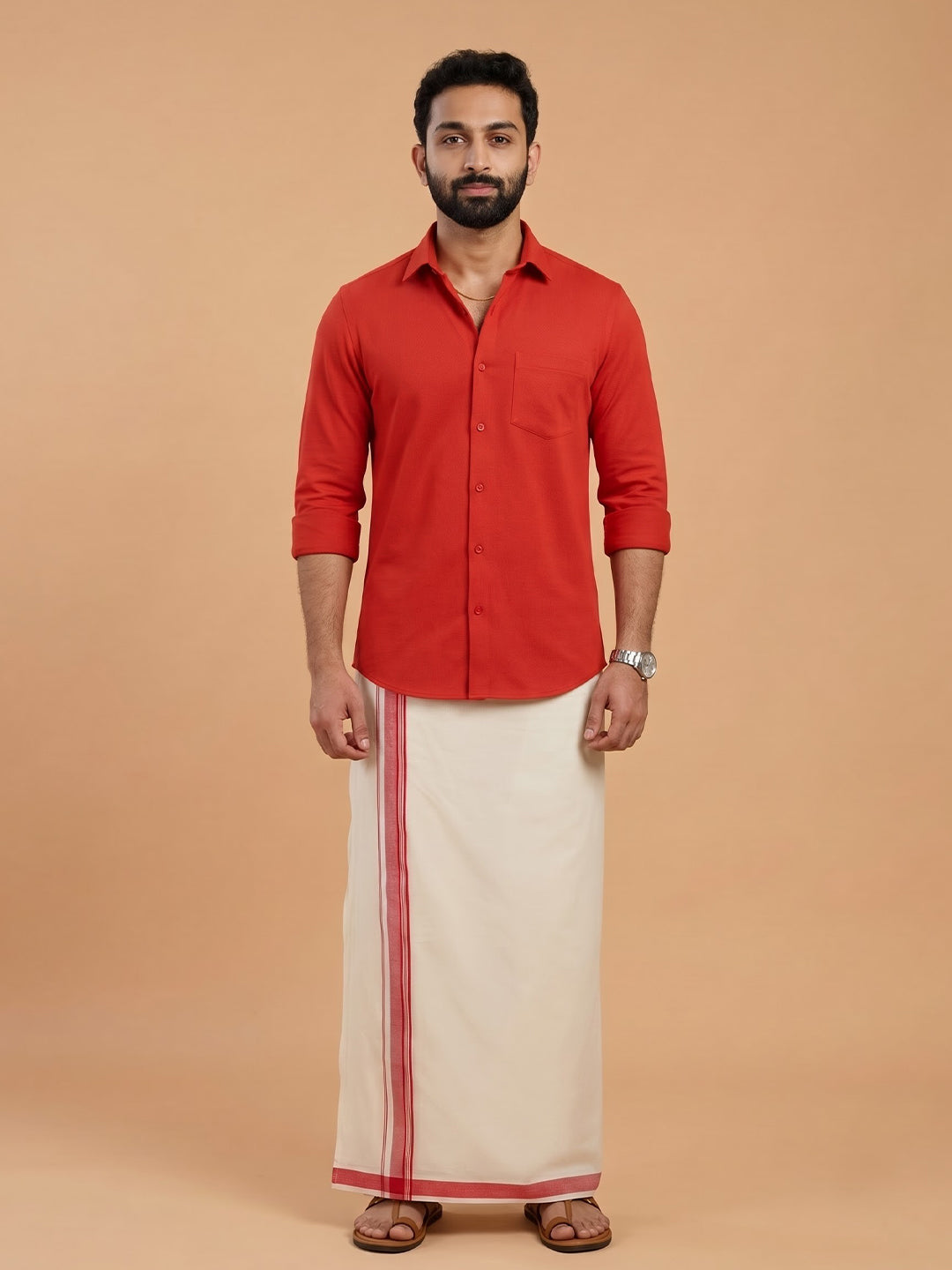 Double Layer 100% Cotton Cream Kora Dhoti with Colour Border - CFD01