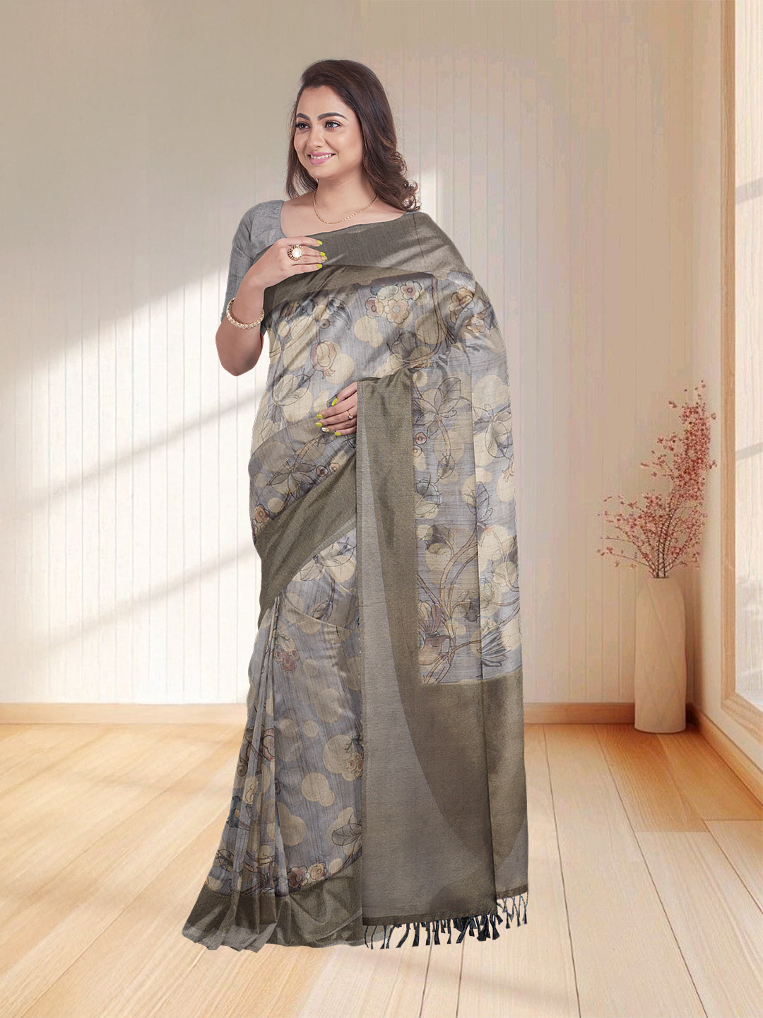 Women Pastel Blue Semi Tussar Printed Saree ST261