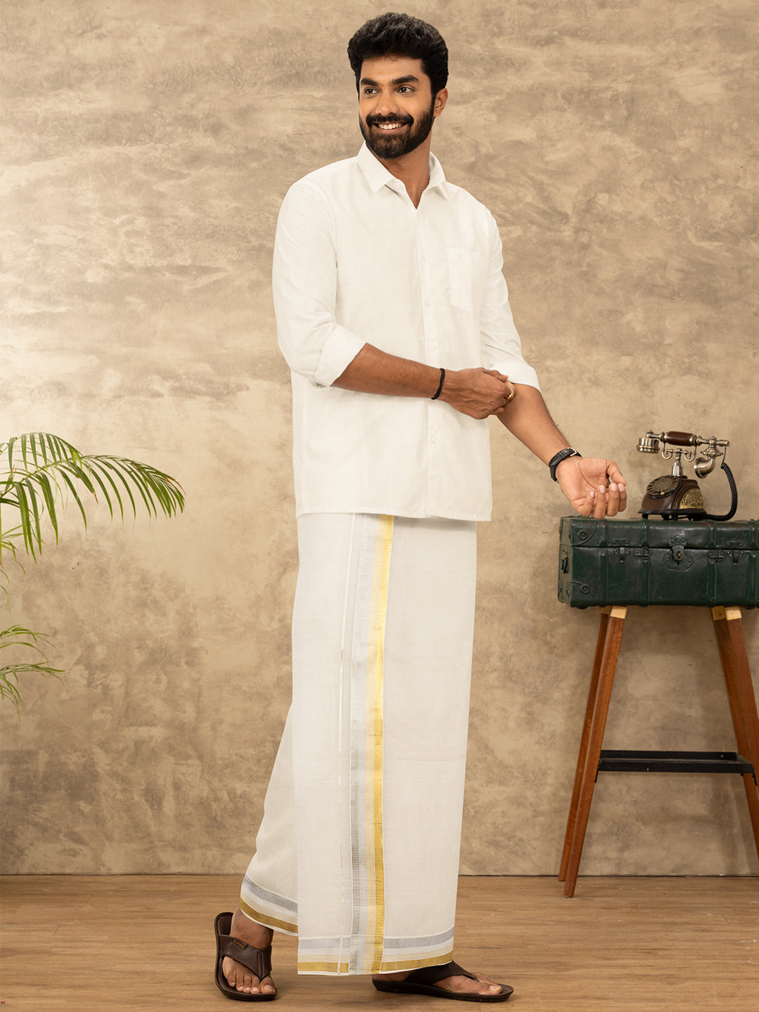 Men Kora Cotton Double Layer Dhoti with Fancy Jari Border Gold Crown