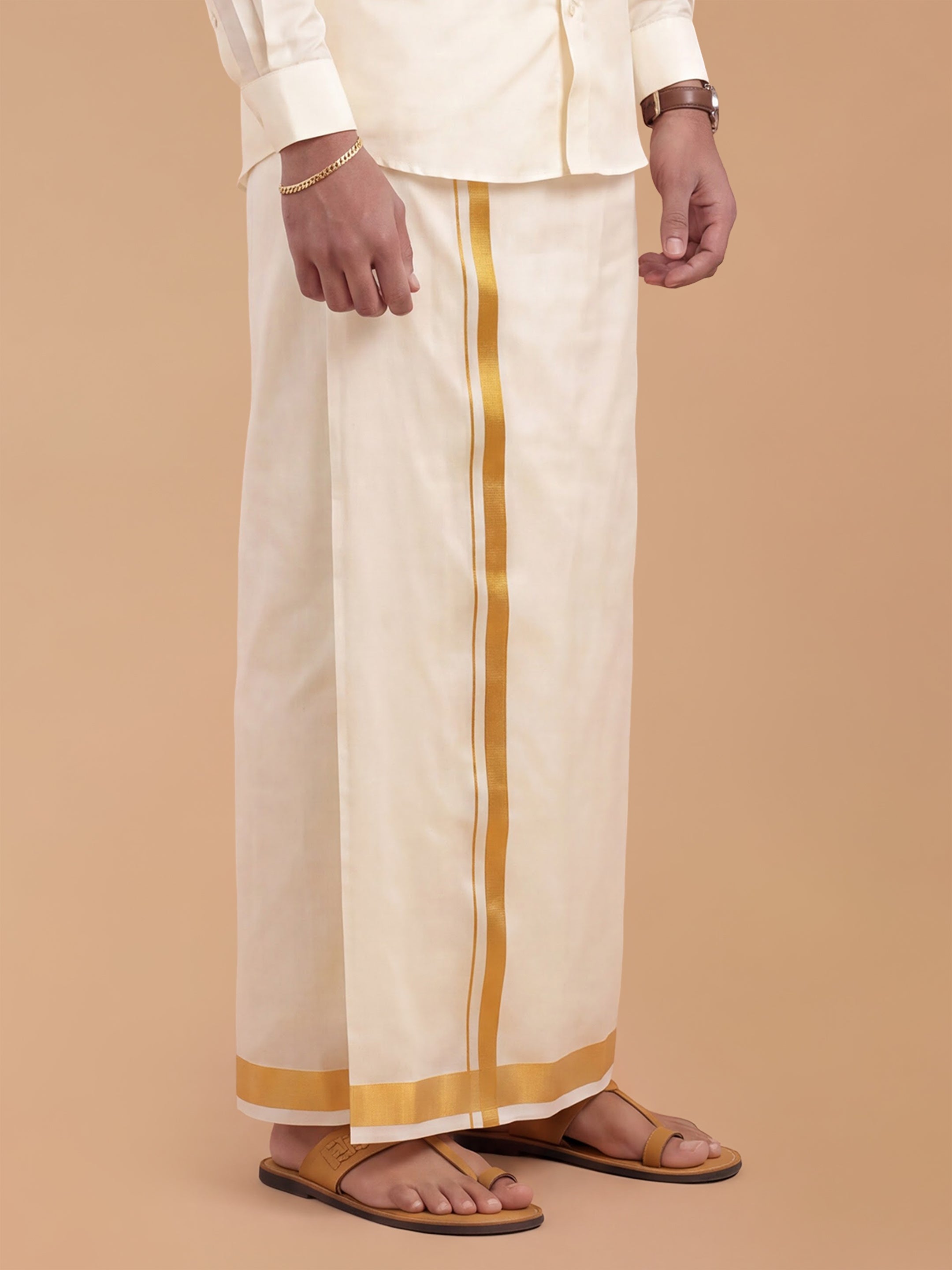 Silk Cream Double Dhoti 1" Gold Jari Border Suba Vivaga