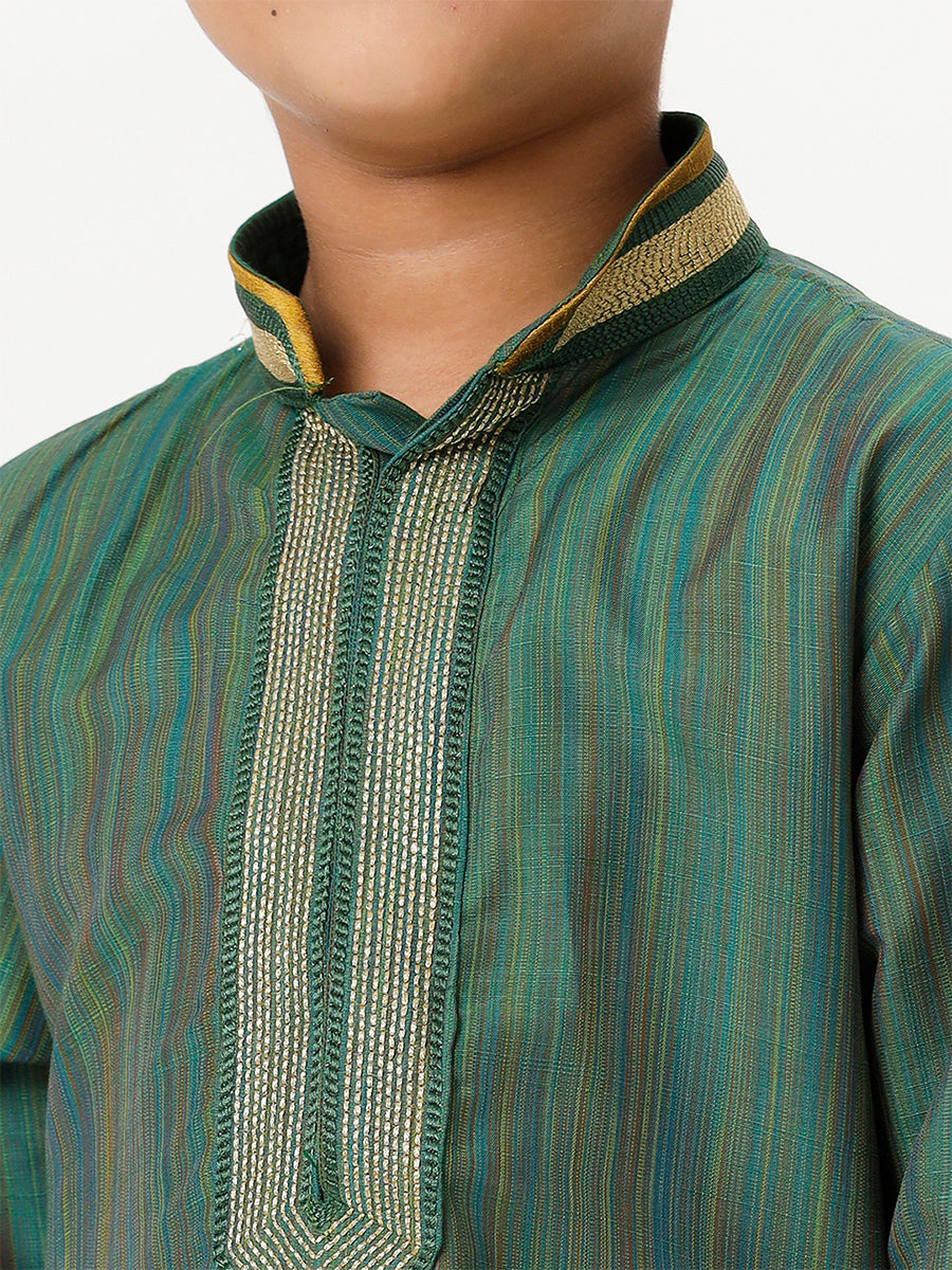 Boys Cotton Embellished Neckline Full Sleeves Dark Green Kurta-Zoom  vieww