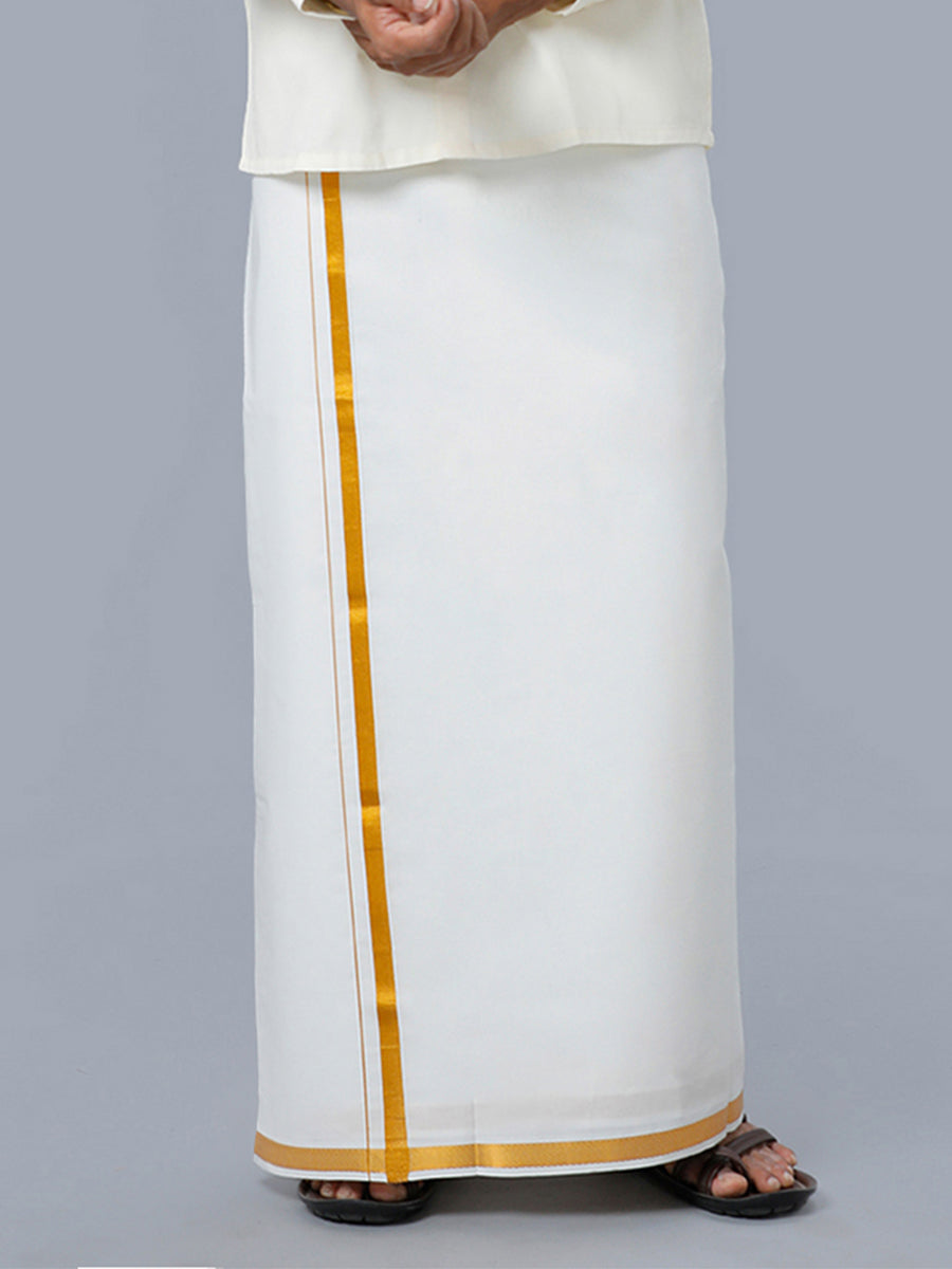 Men 100% Cotton Single Layer Cream Dhoti with 3/4" Gold Jari Border Maestro