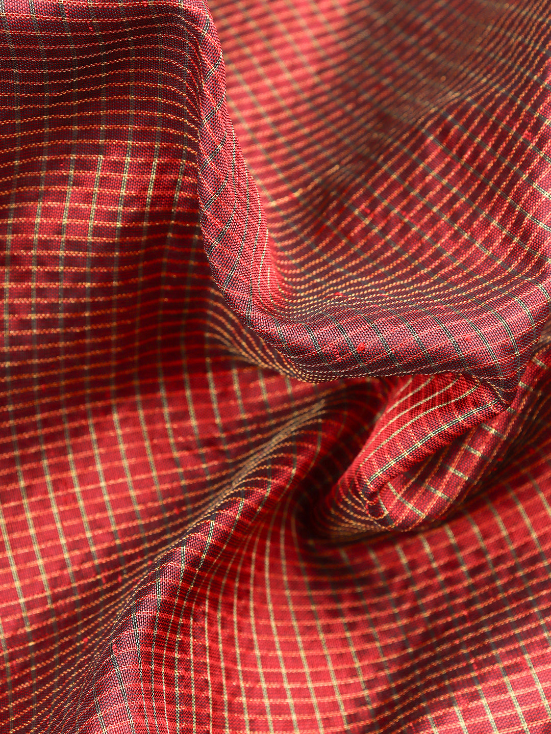 Men Pure Silk Micro Jari Check Shirting Fabric Maroon