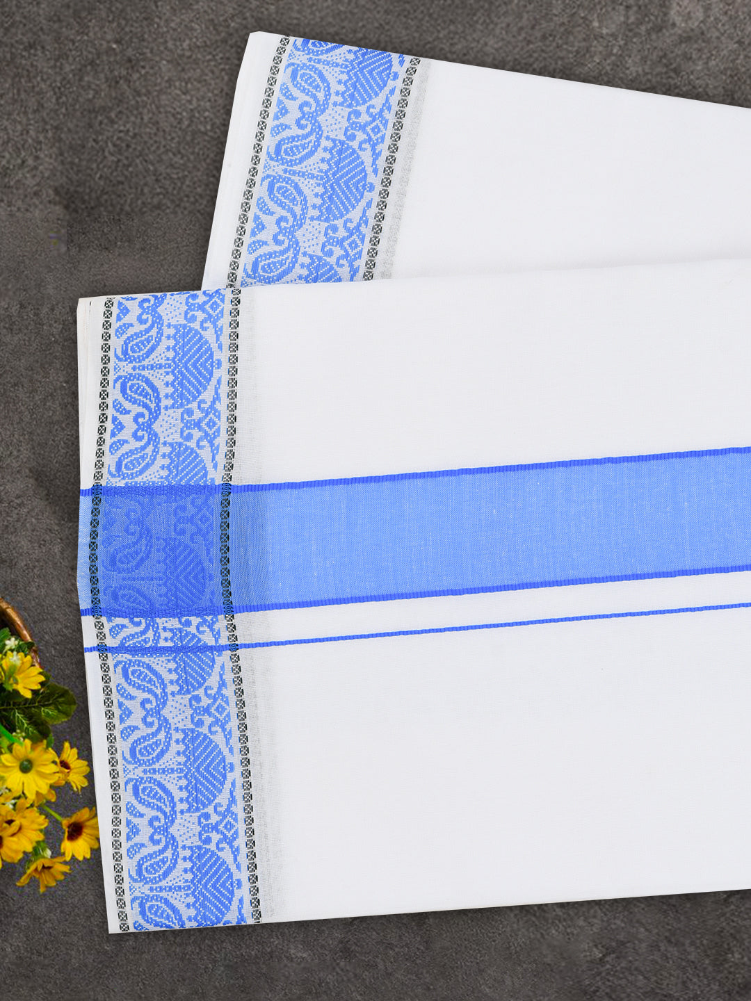 Men Cotton Blue Fancy Border Panchakacham with Angavasthram Srirasthu(9+5) SR47
