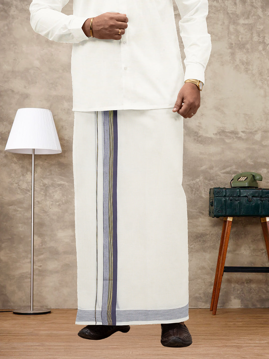Men Kora Cotton Double Layer Dhoti with Grey Fancy Jari Border EGJ20