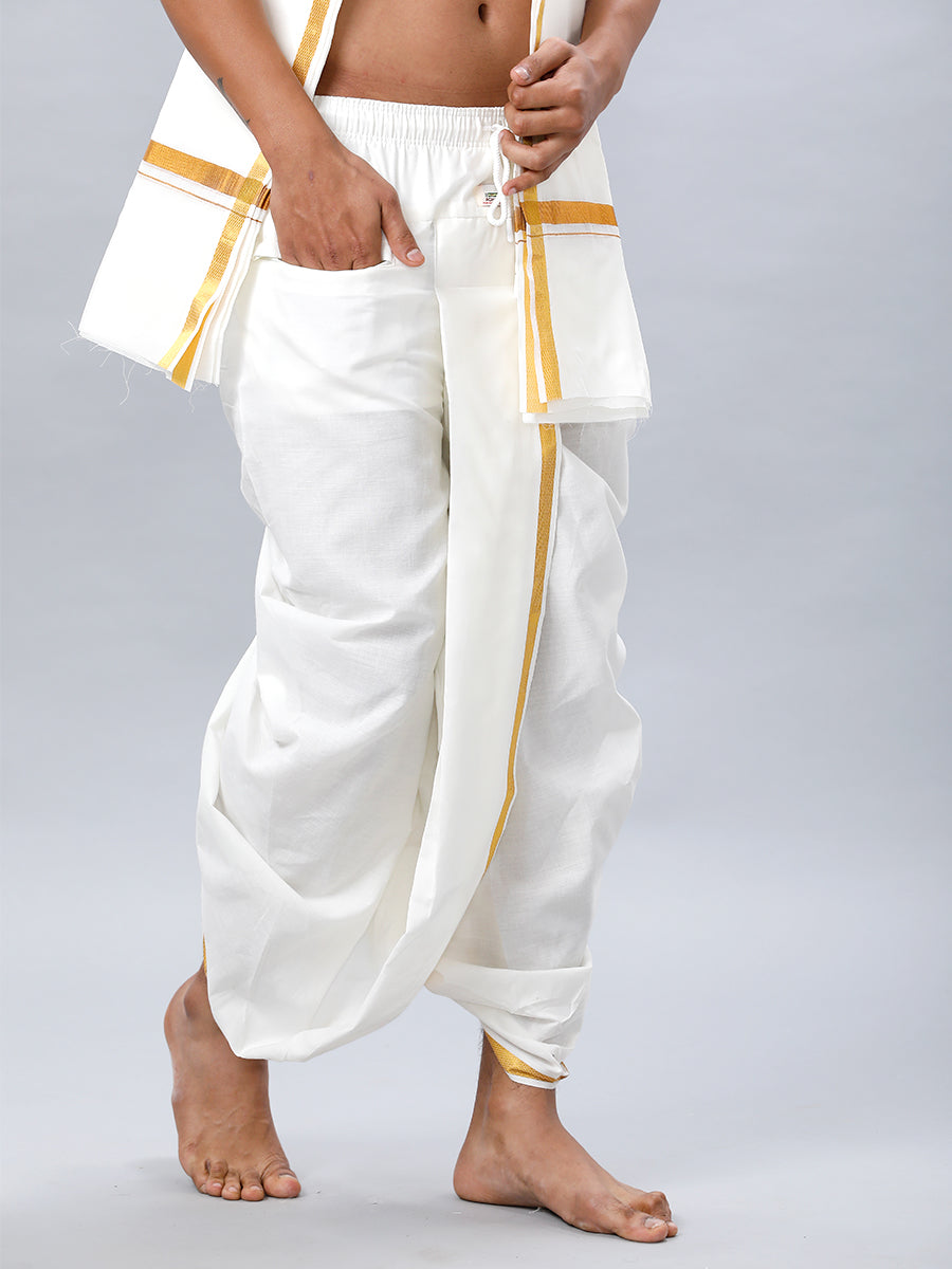 Men's Readymade Cream Panchakacham & Angavastram with Gold Jari Border Prakaspathi