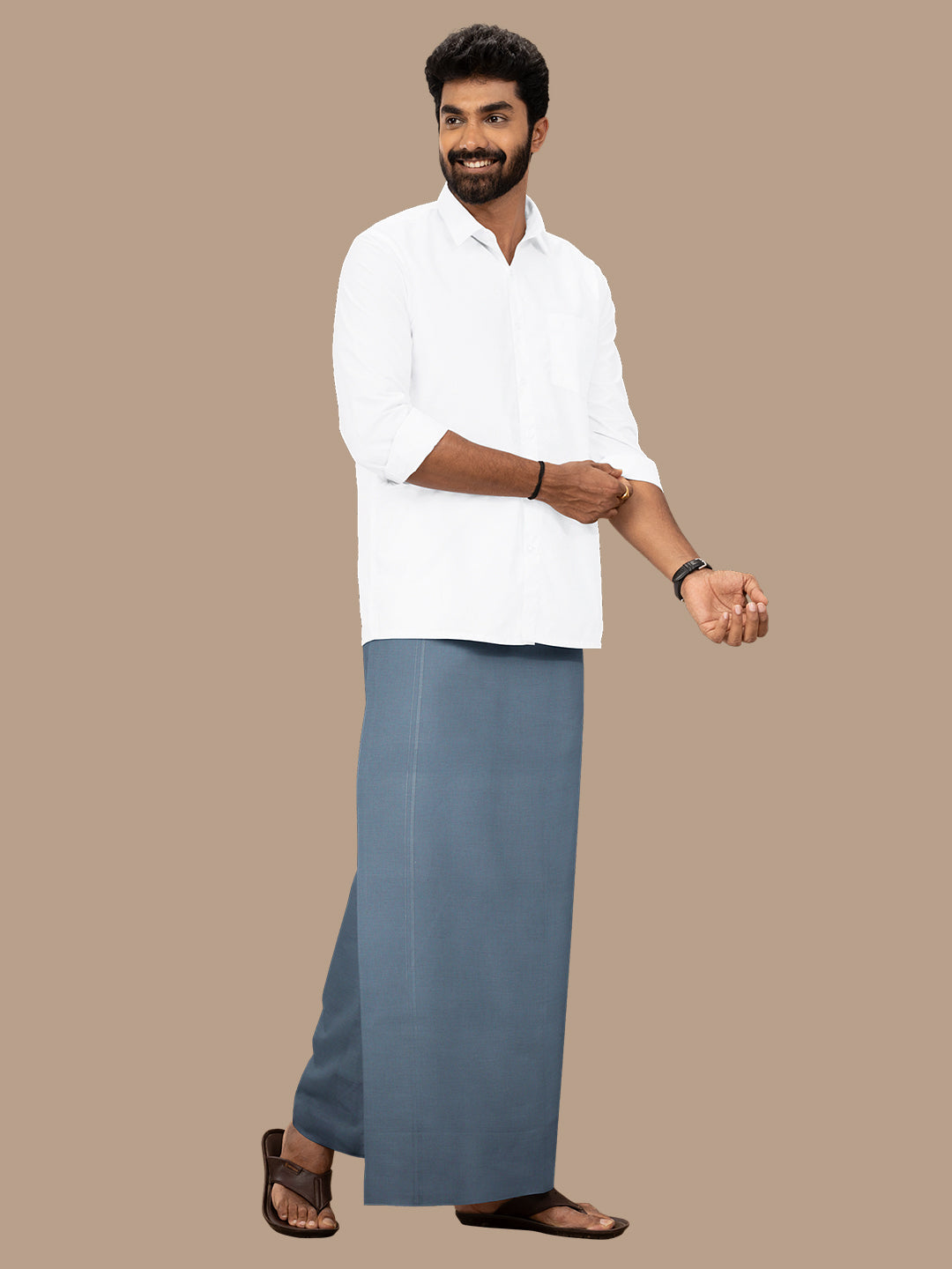 Men 100% Cotton Single Layer S.Grey Dhoti with Assorted Border Poojan Paramas