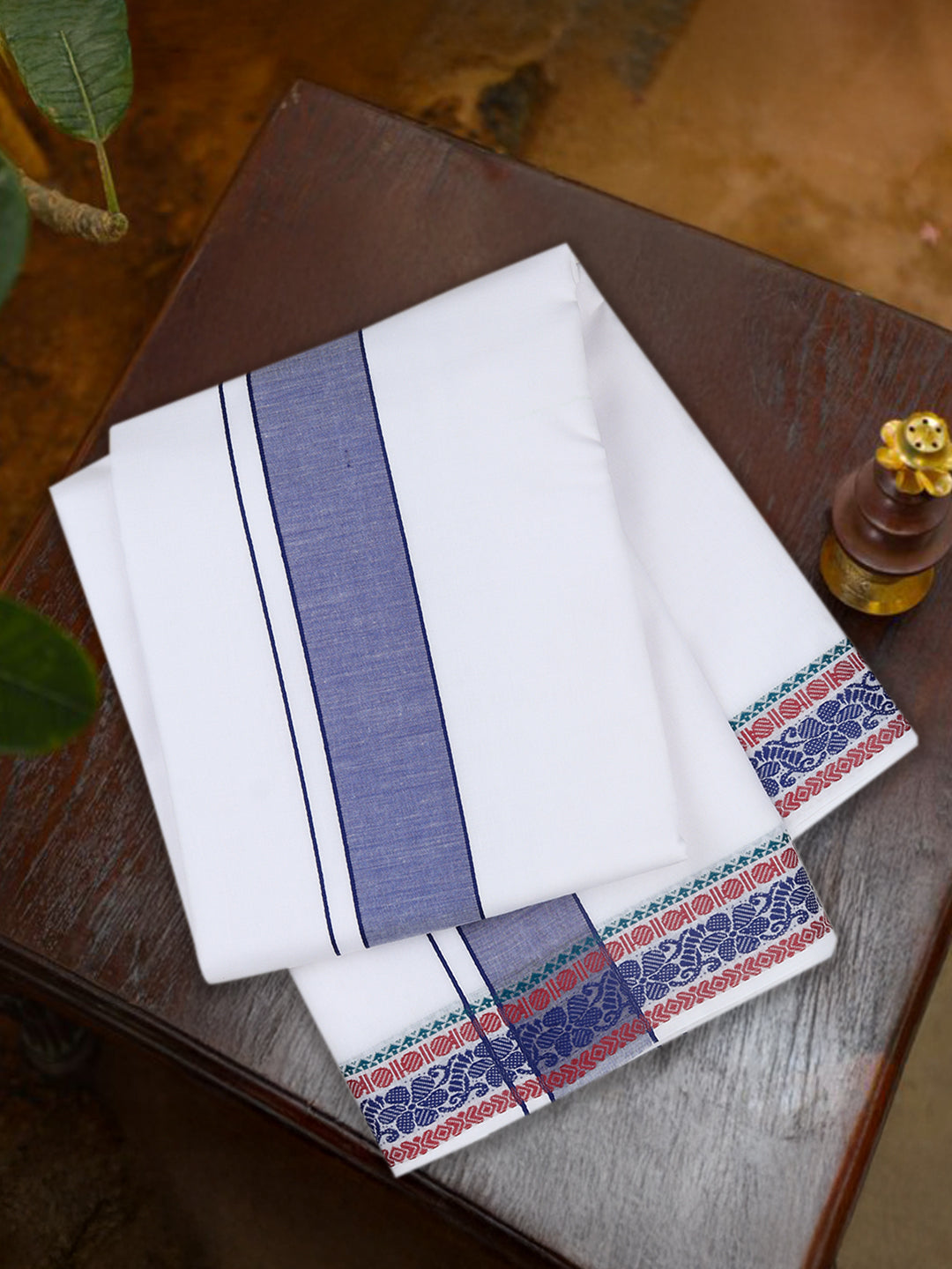 Men Cotton Navy Fancy Border Panchakacham with Angavasthram (9+5) JD10