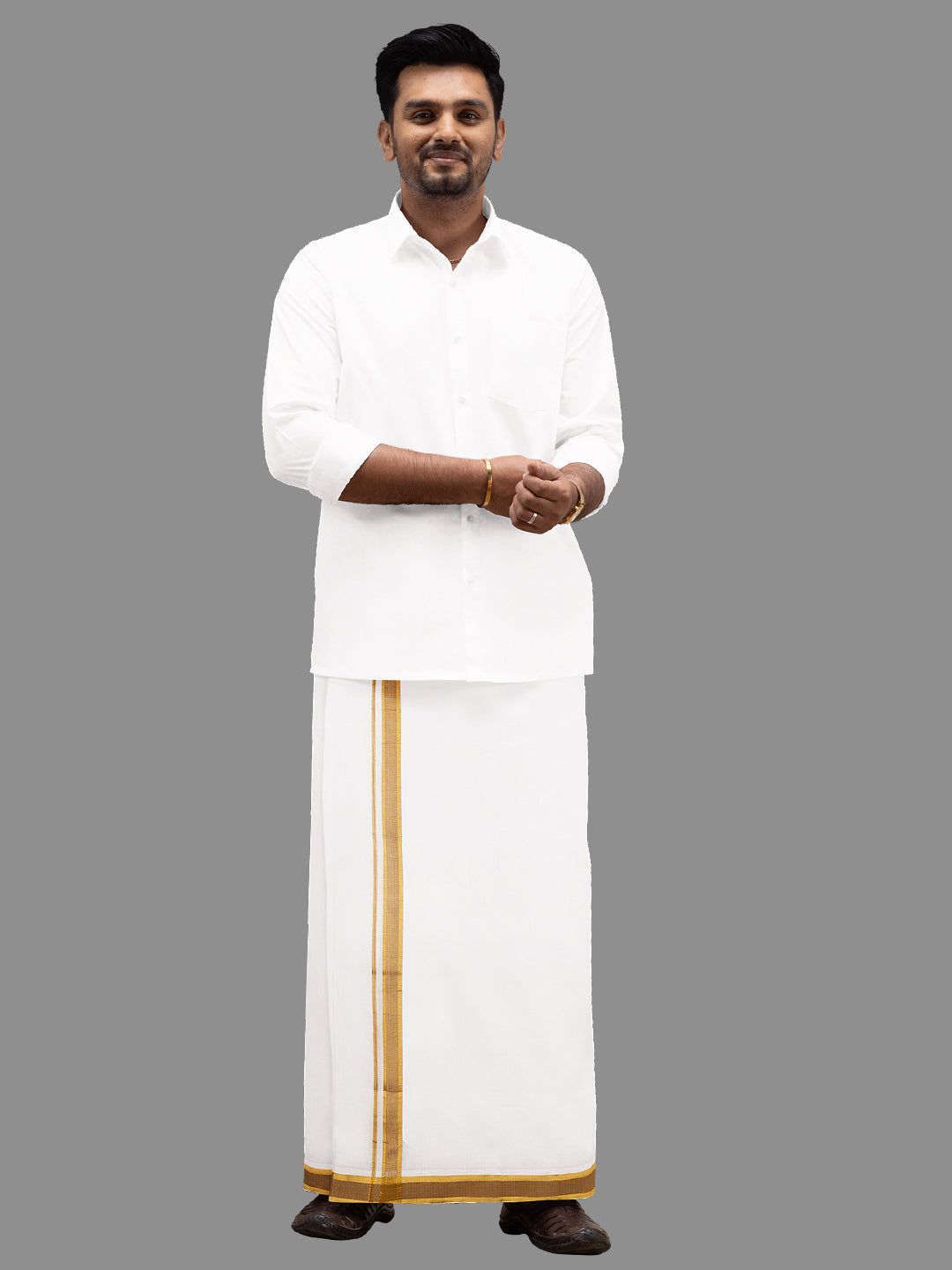 Men 100% Cotton Double Layer White Dhoti with Fancy Jari Border RF01