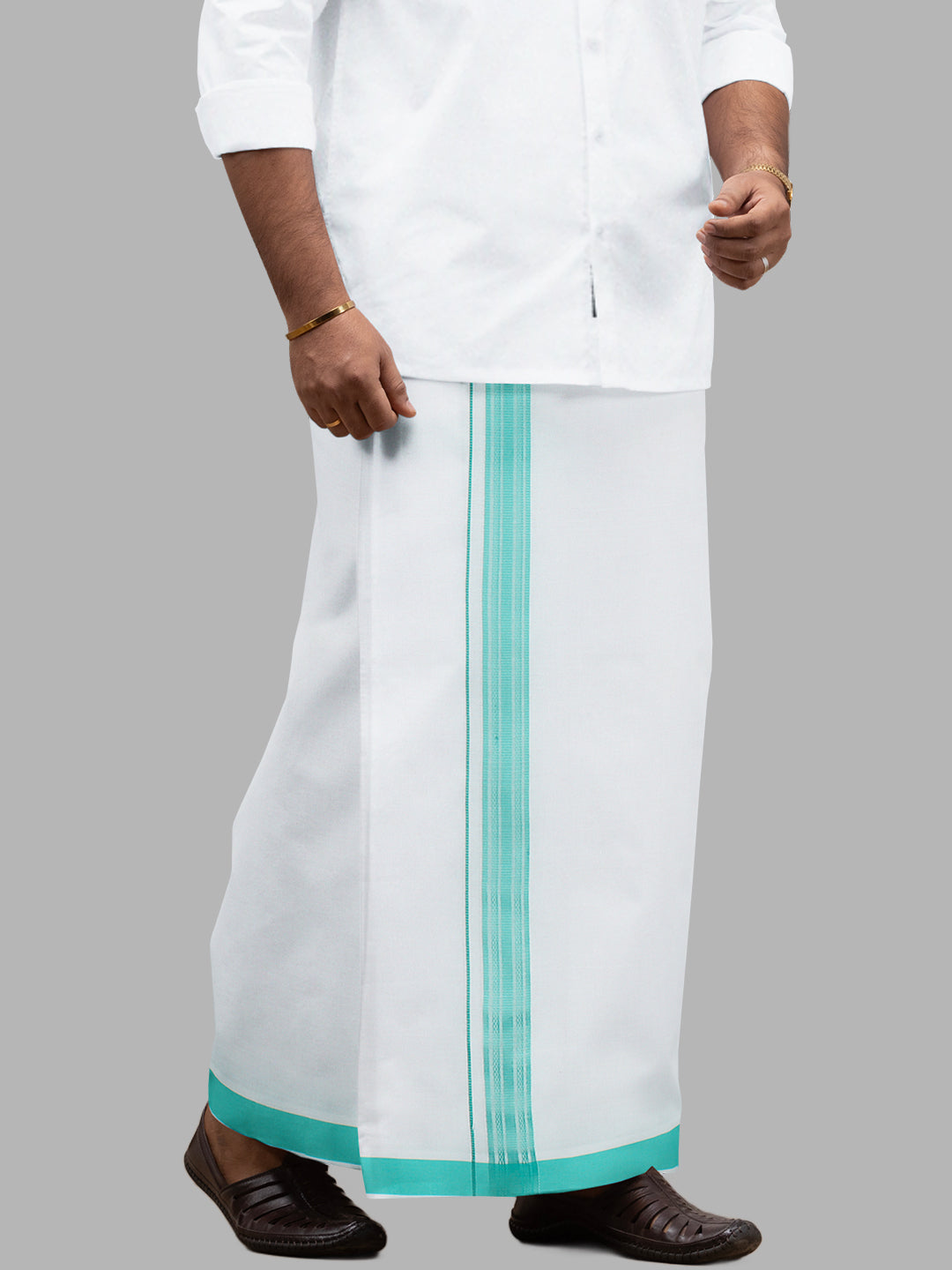 Men Cotton Blend Readymade Single Layer White Dhoti with Fancy Border GACF13