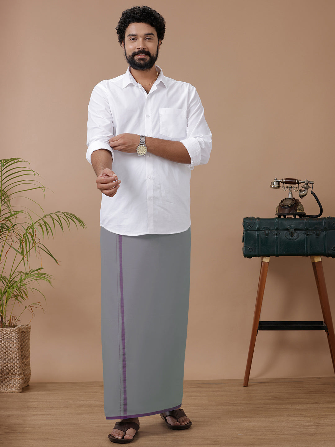 Men Cotton Blend Single Layer Grey Dhoti with Fancy Border Enrich Colour 17