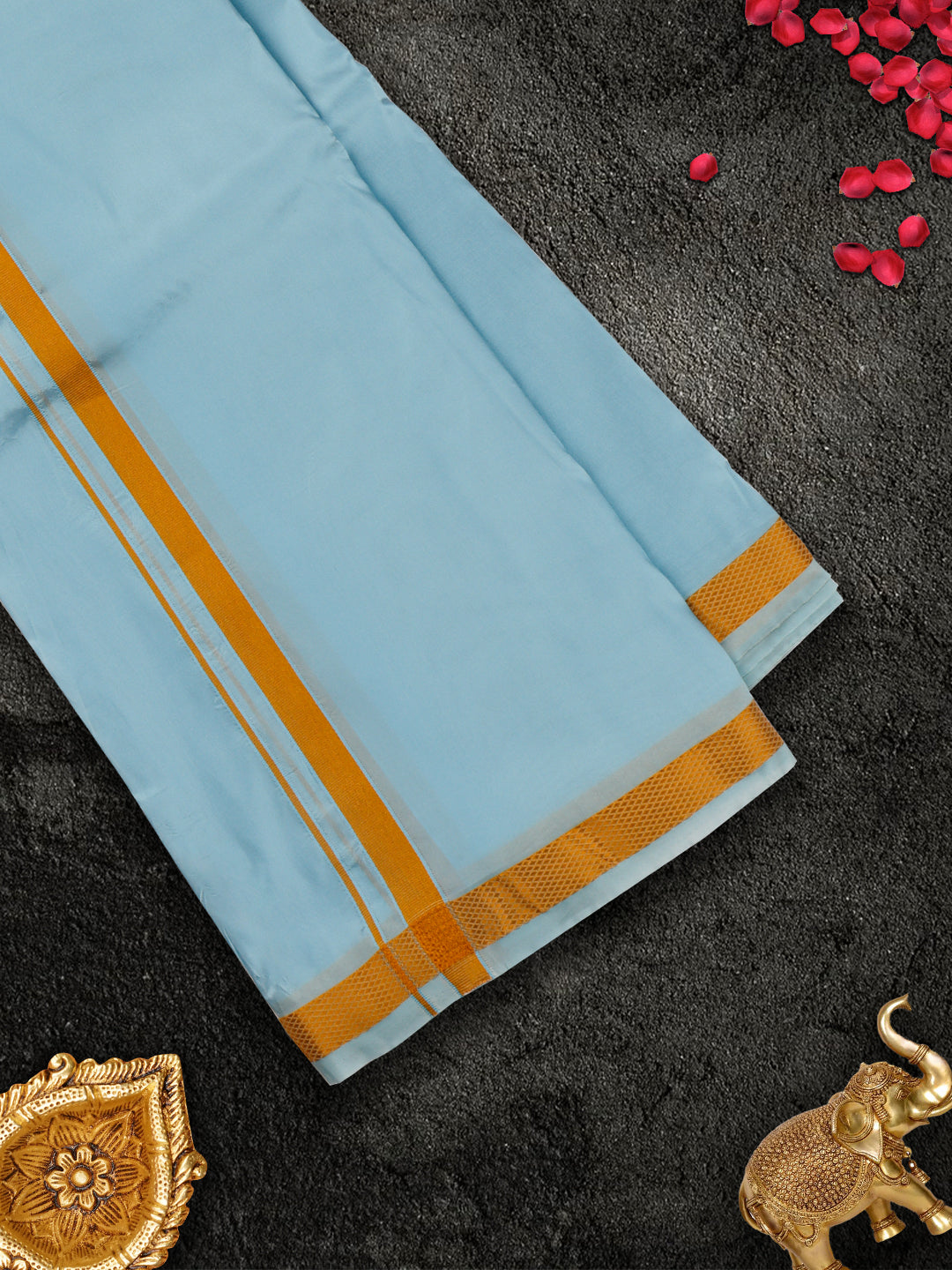 Mens Premium Art Silk Sky Blue Shirting & Gold Jari Border Panchakacham Set 9+5 Ashirwath-View four