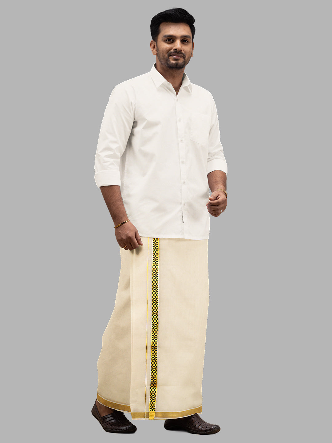 Men Kora Cotton Double Layer Dhoti with Black Fancy Jari Border Pazhassi Royal