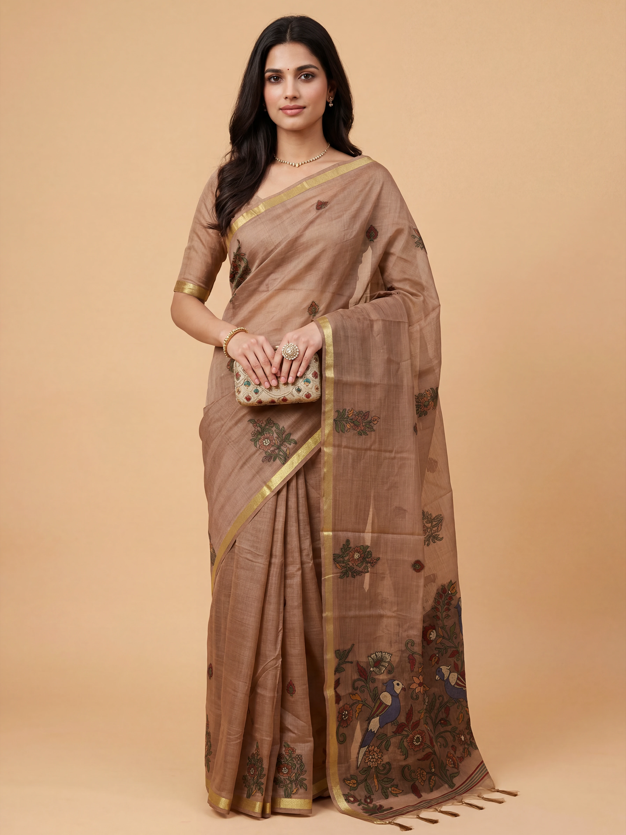 Women Pure Cotton Printed Dark Peach Saree PCS271