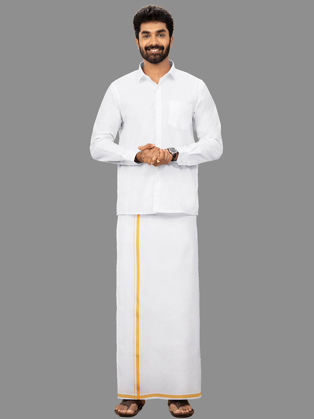 Men Cotton Blend Single Layer White Dhoti with Assorted Border Regular