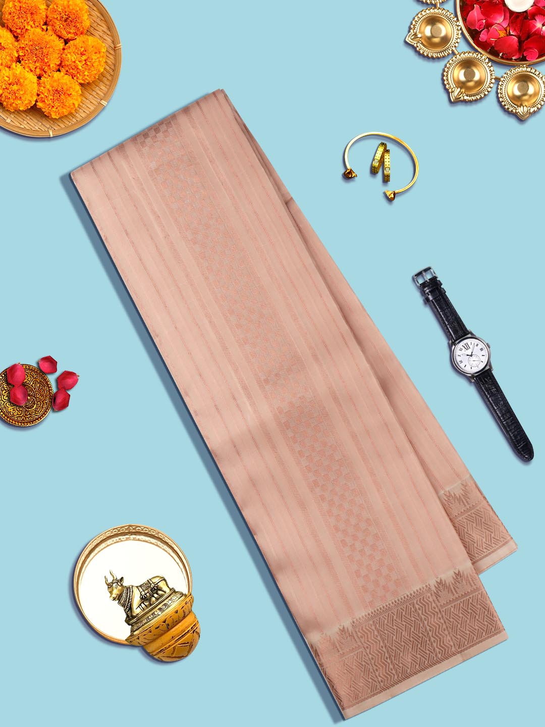 Mens Premium Pure Silk Cream Dhoti With Angavastram 3" copper fancy jari border Thirukalyan-View one