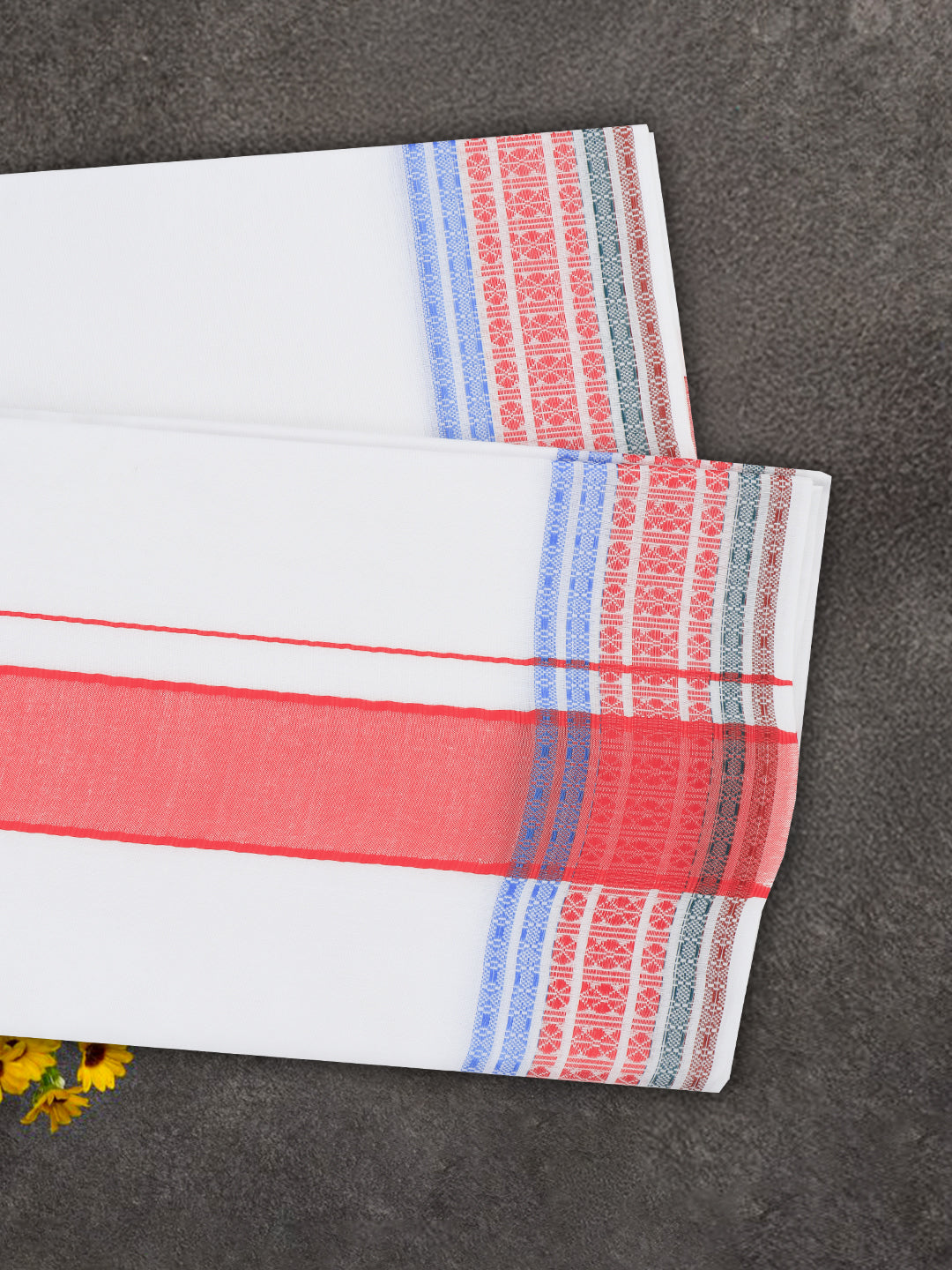Men Cotton Red Fancy Border Panchakacham with Angavasthram Srirasthu(9+5) SR60