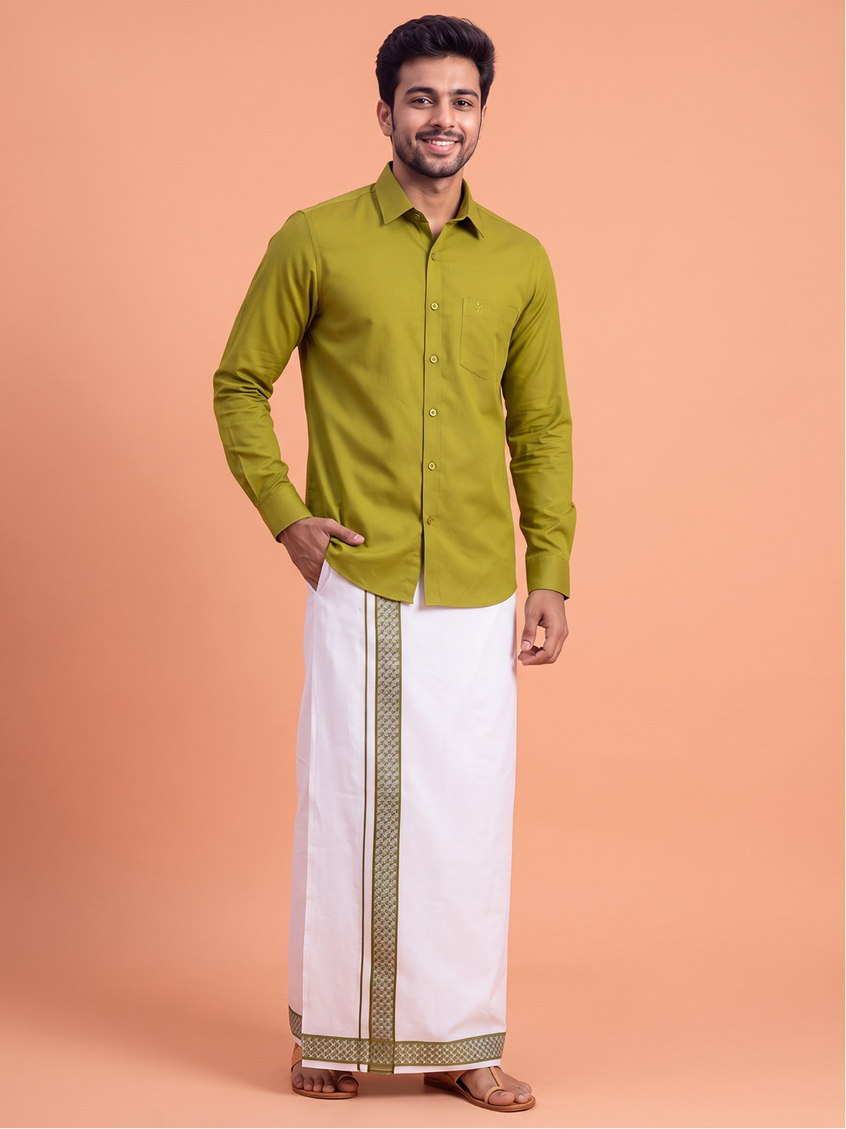 100% Cotton Pesto Shirt and Colour Jari Border Dhoti Set BT9
