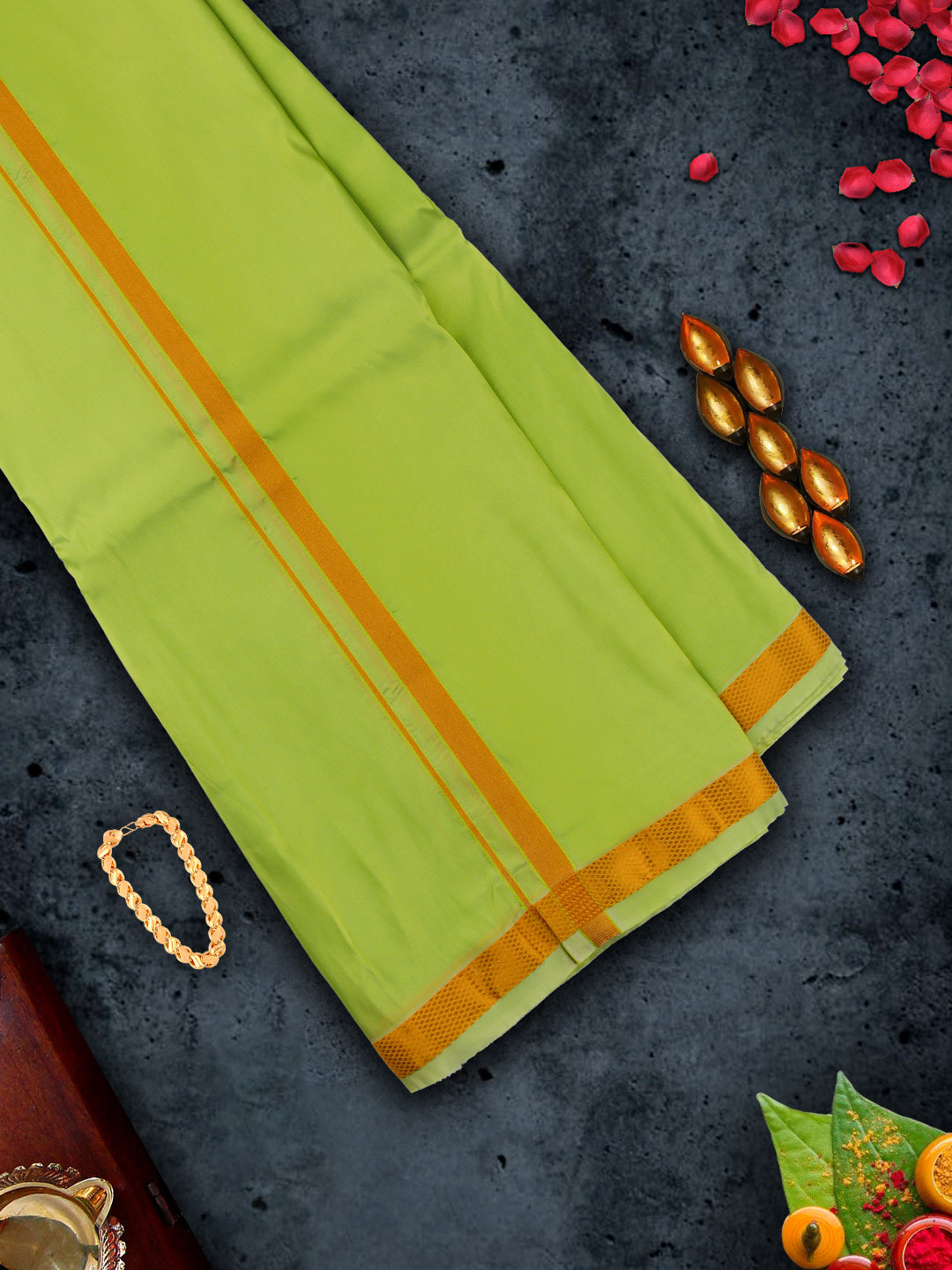 Mens Premium Art Silk Parrot Green Shirting & Gold Jari Border Panchakacham Set 9+5 Ashirwath-View five