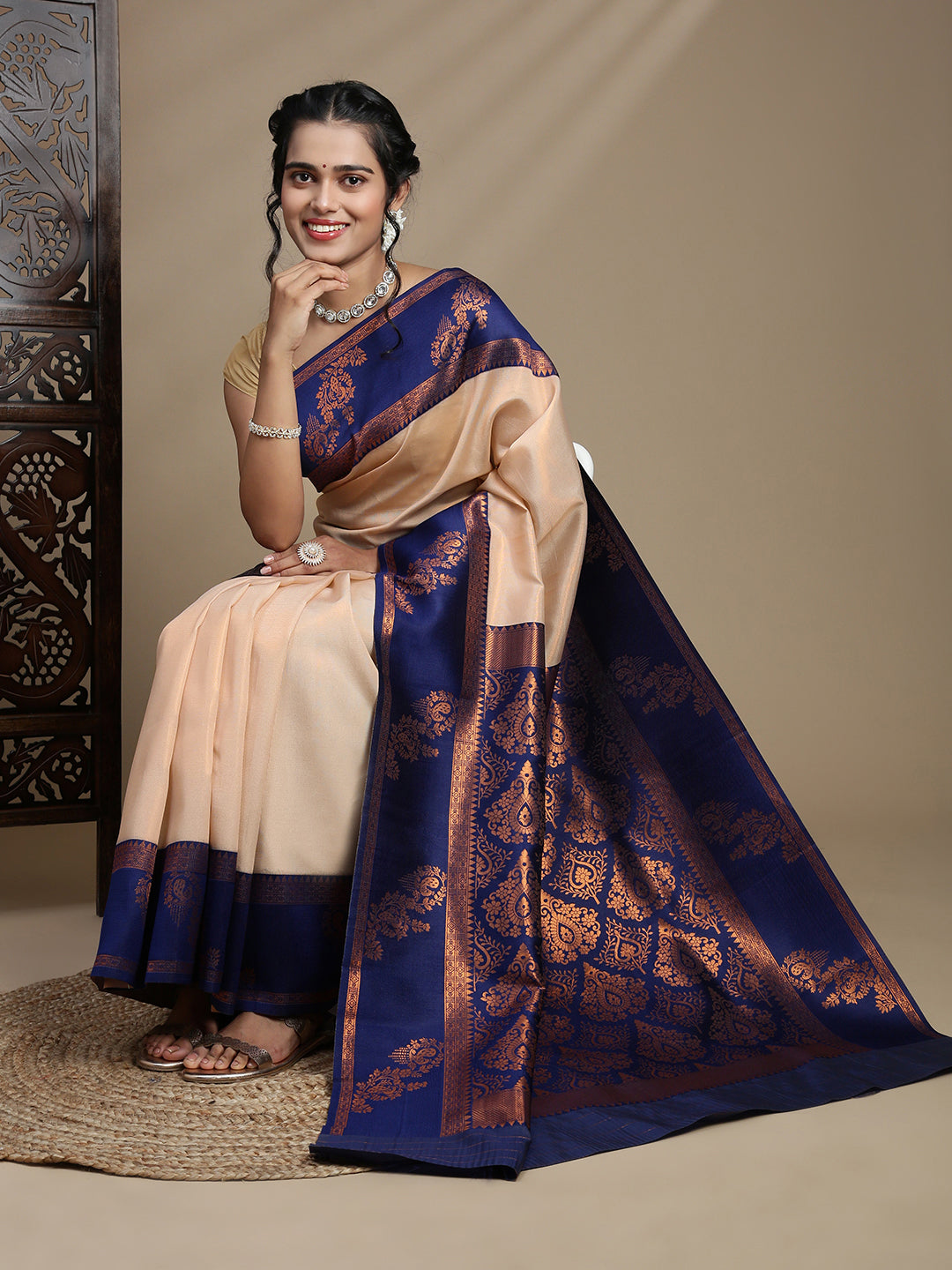 Women Sandal Tissue Saree with Navy Border TS60