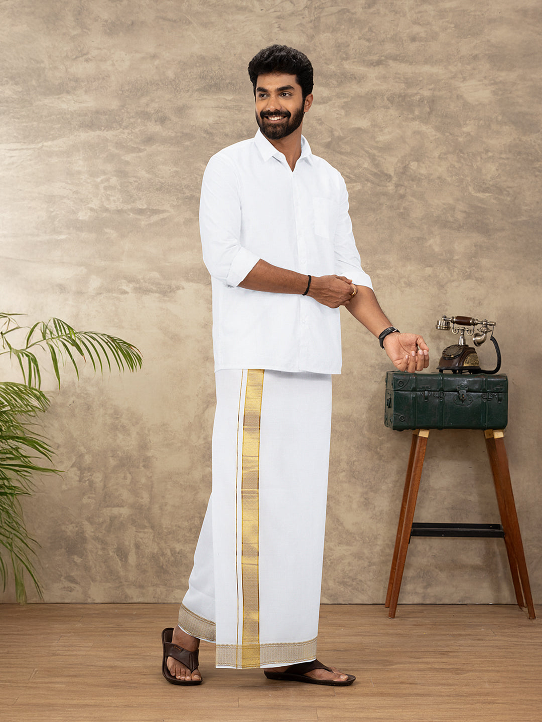 Men 100% Cotton Single Layer White Dhoti with Gold Jari Border Aura 368