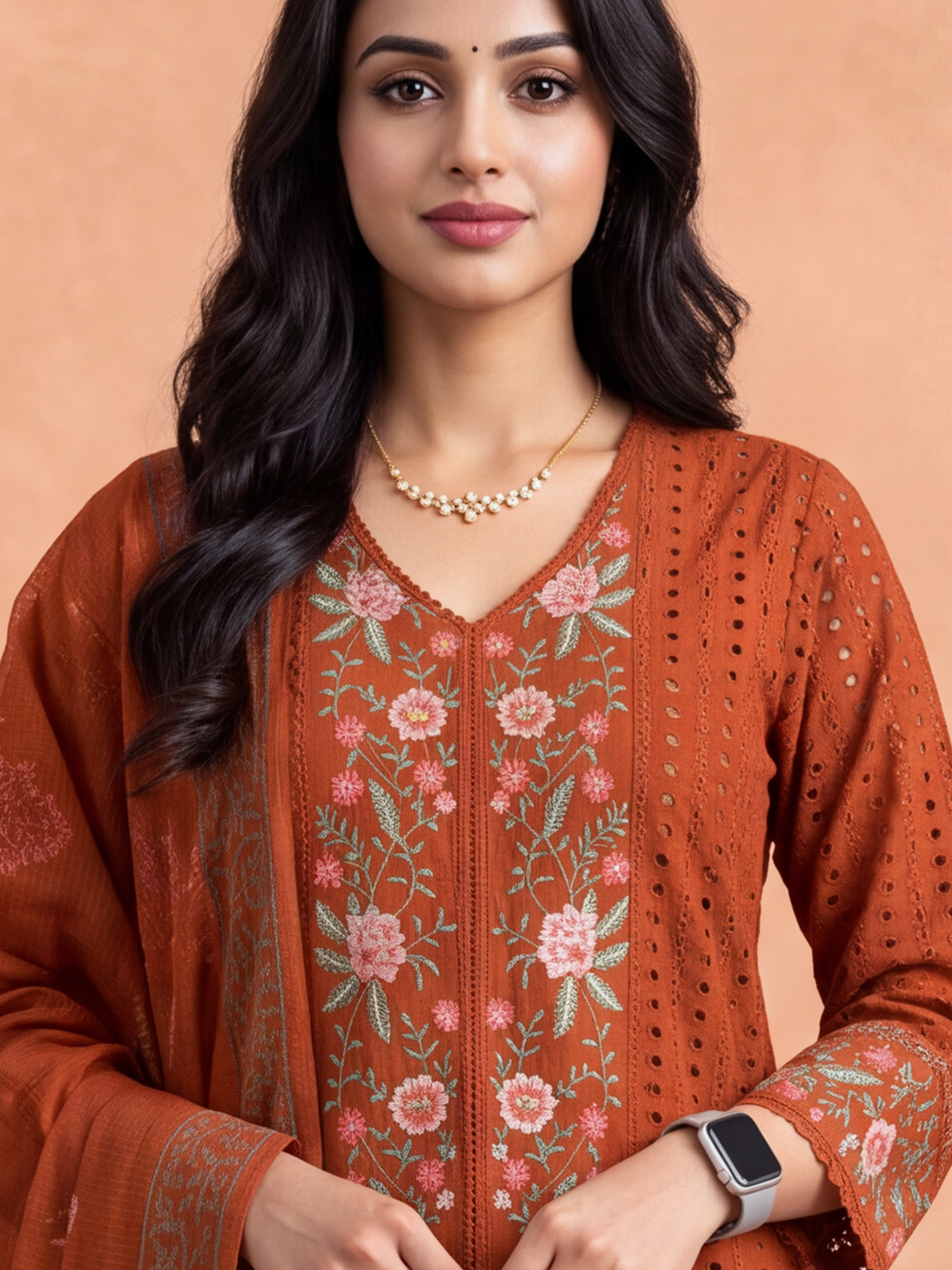 Women Embroidered Orange Kurti Set EKS154