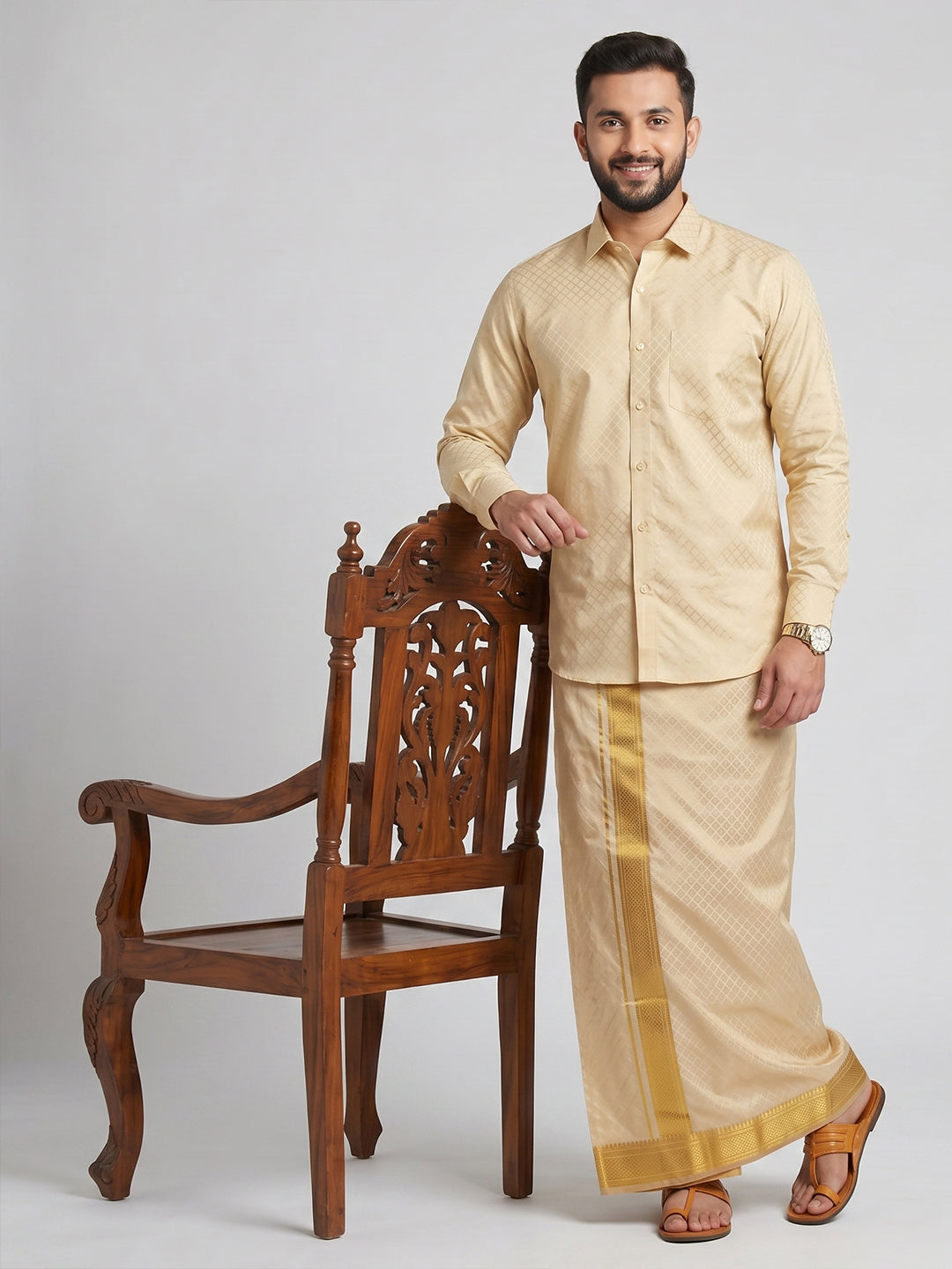 Men Art Silk Jacquard Design Shirt Dhoti & Towel Set Fresh Peach Swayamvara Grand FPJD1