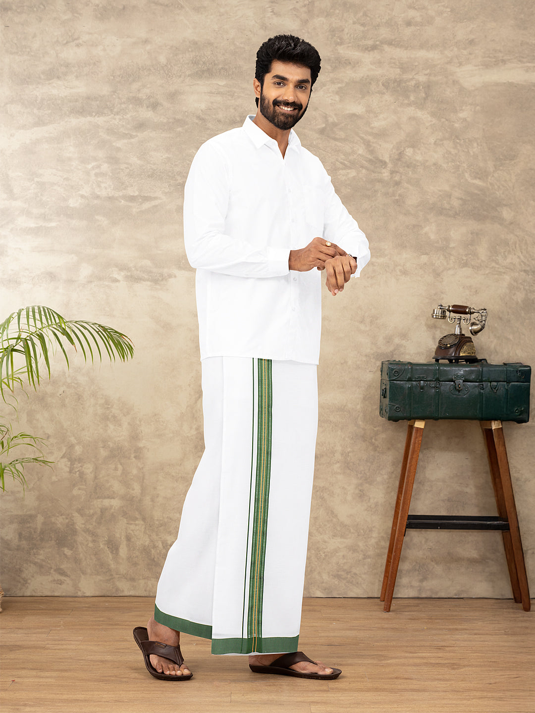 Men Cotton Blend Single Layer White Dhoti with Fancy Jari Border HGF22