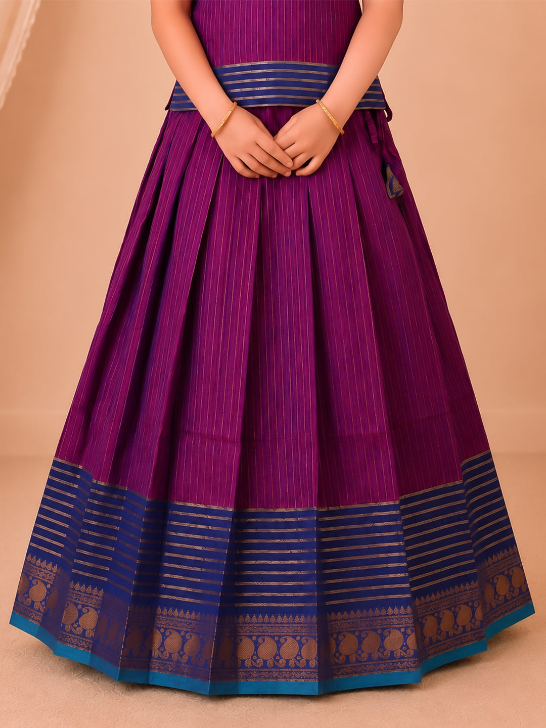 Girls Cotton Purple Pattu Pavadai Set GPS56