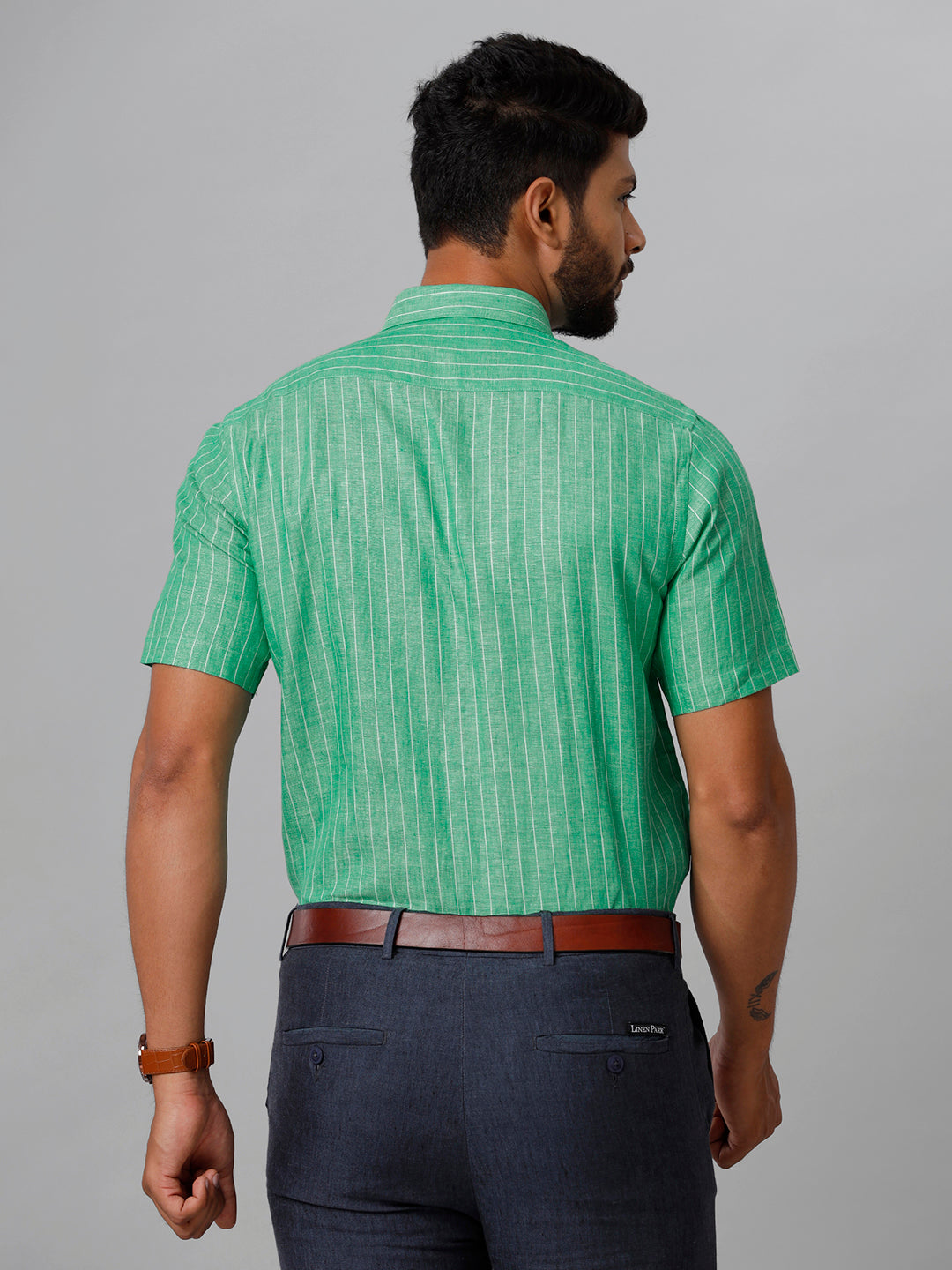 Mens Pure Linen Striped Half Sleeves Green Shirt LS12-Back view