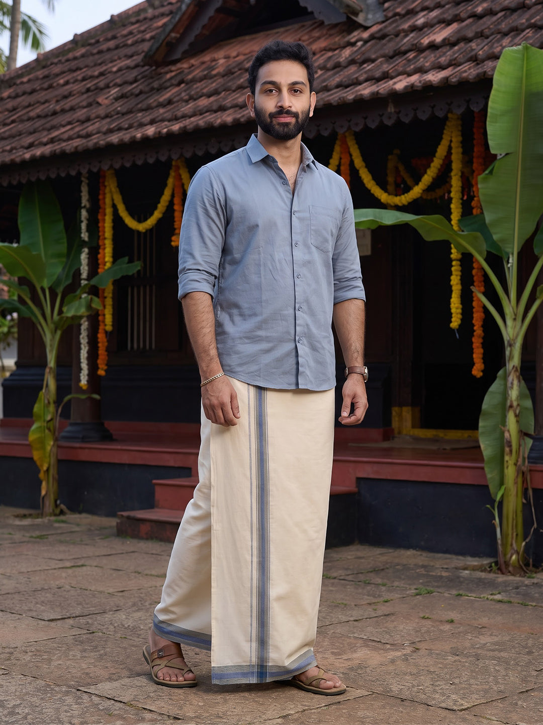 Double Layer Supima Cotton Cream Kora Dhoti with Colour Jari Border - LC42