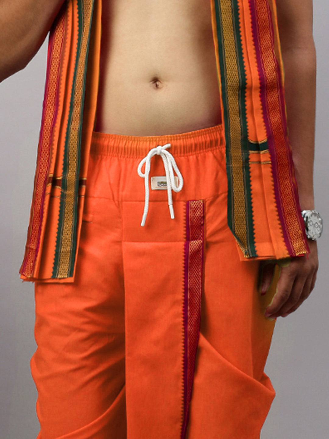 Men Readymade Panchakacham & Towel Set Orange Naivedhya