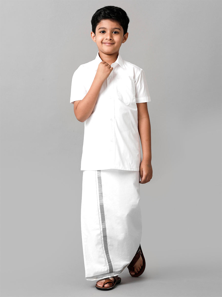 Boys Readymade  Single Layer White Dhoti With Silver Jari Border