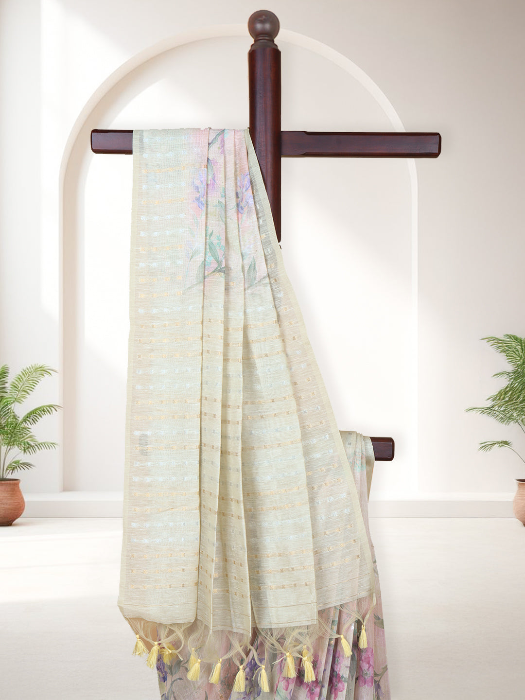 Women Light Yellow Tissue Saree TS43