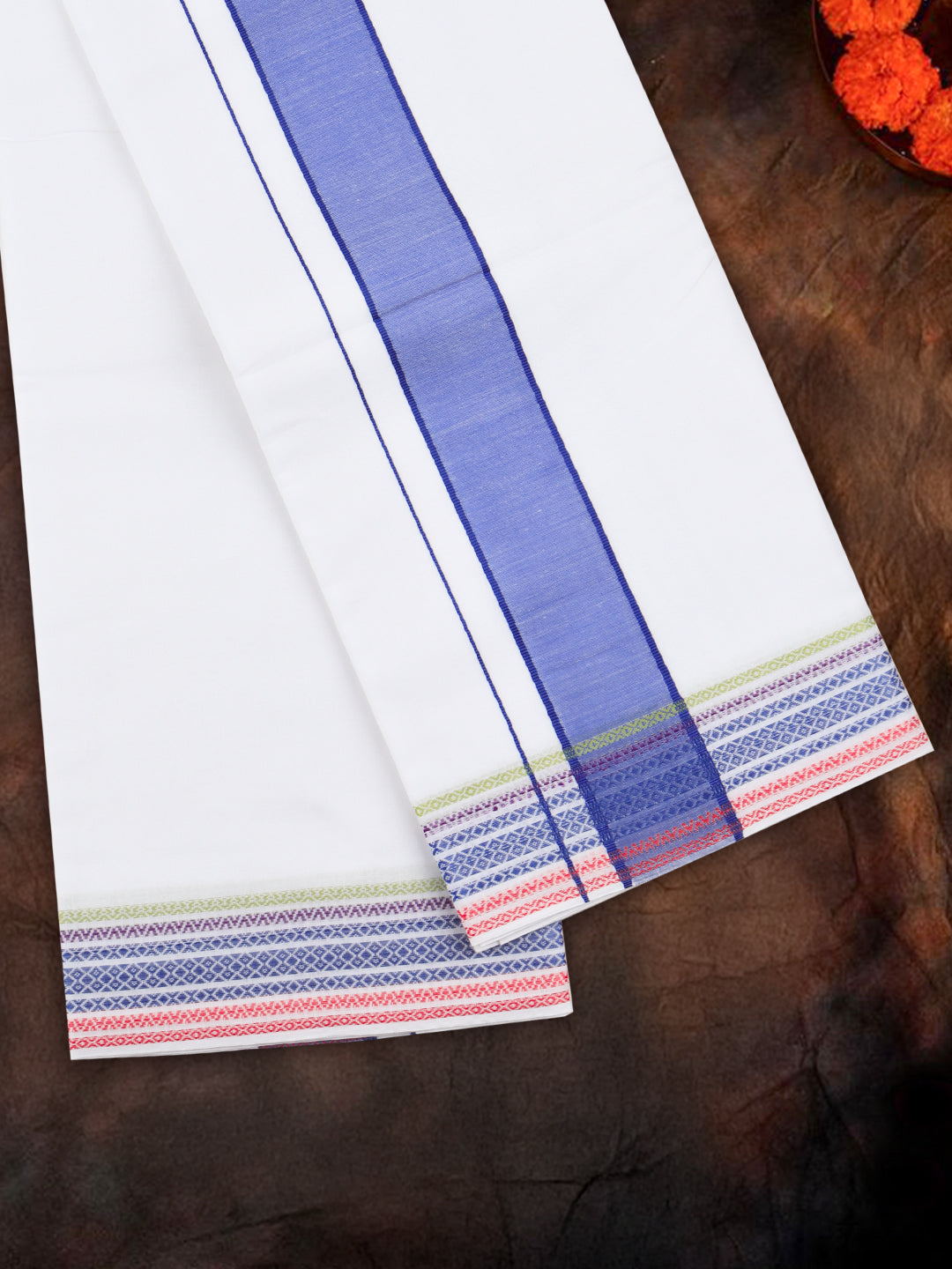 Men Cotton Blue Fancy Border Panchakacham with Angavasthram Srirasthu(9+5) SR48