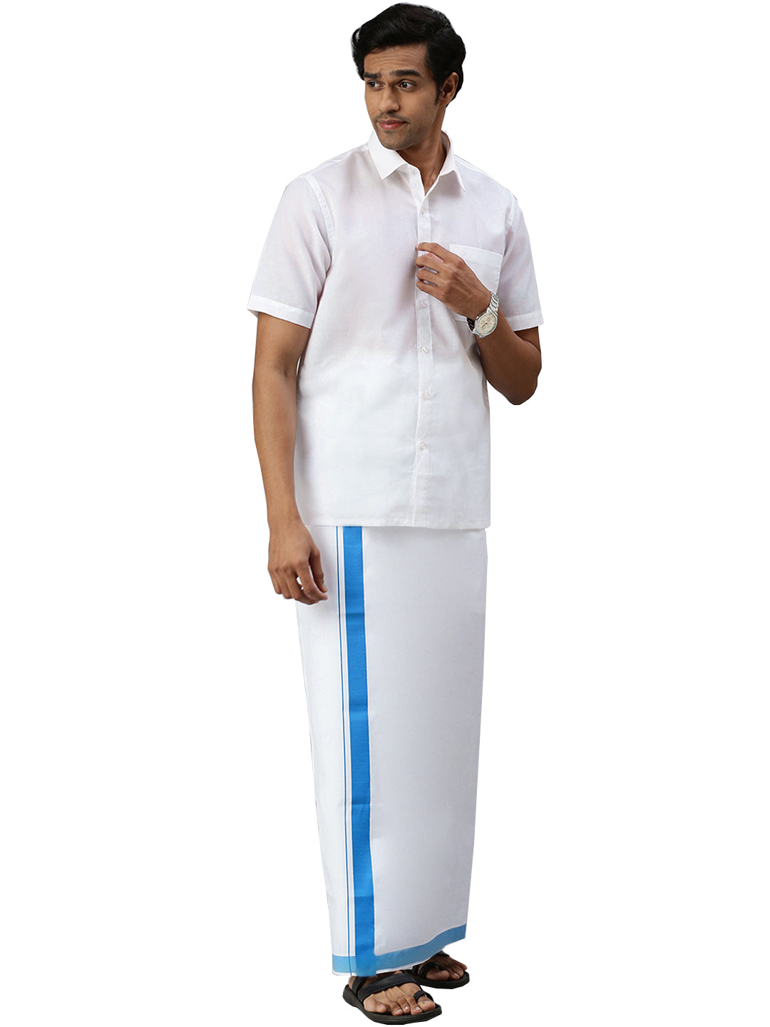 Men Cotton Blend Single Layer White Dhoti with Big Border WS02