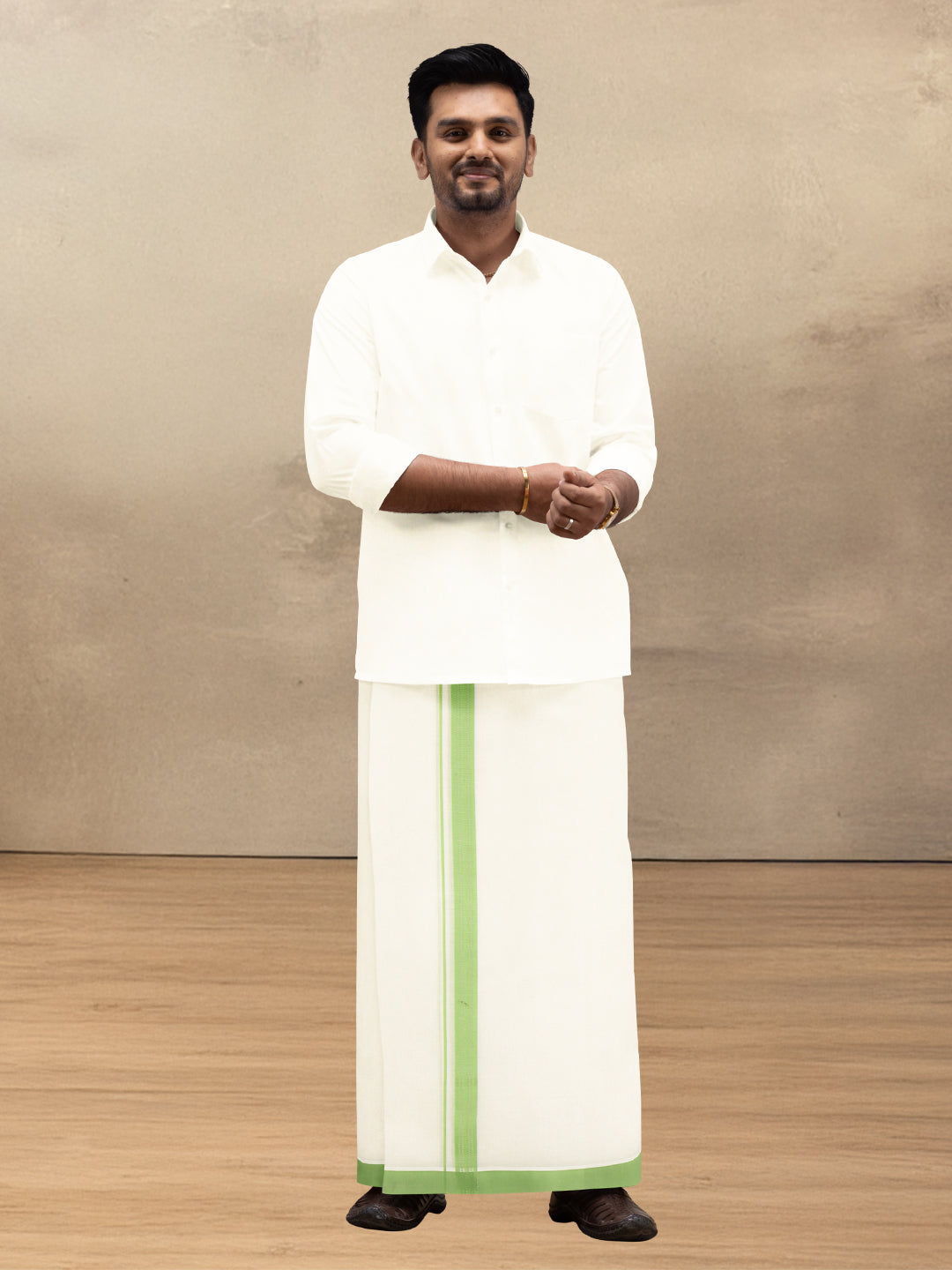 Men Kora Cotton Double Layer Dhoti with Green Fancy Border VKF06