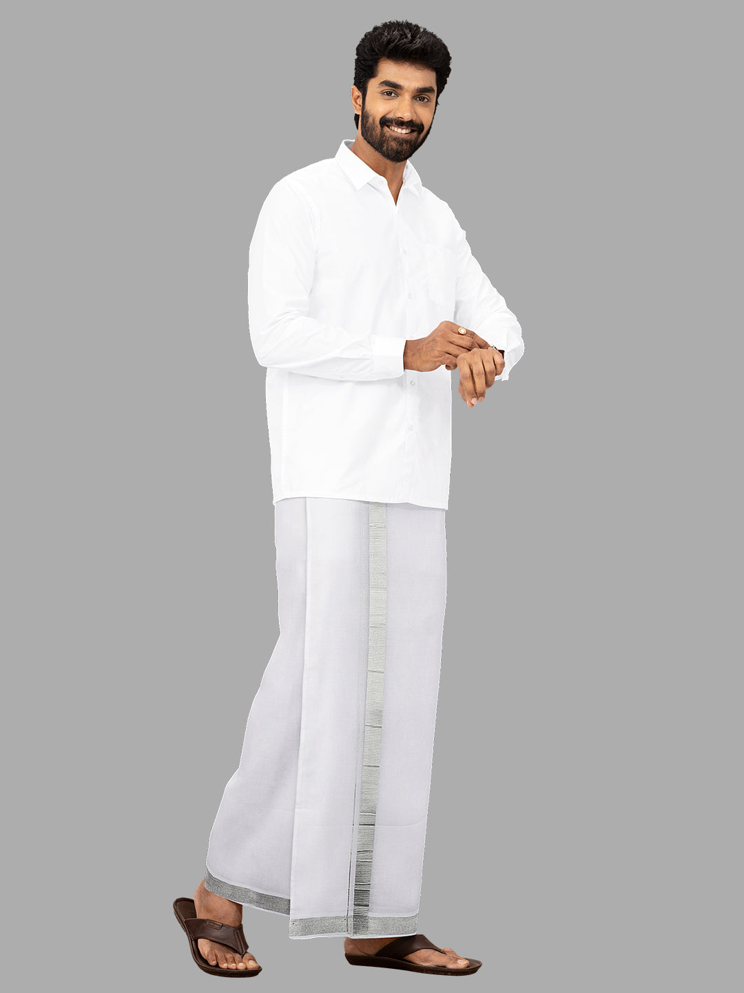 Men Cotton Blend Double Layer White Dhoti with Silver Jari Border