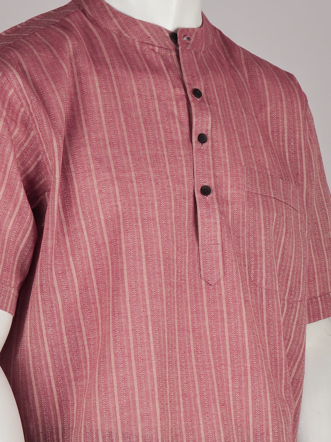 Men Coral Pink Short Length Kurta with Matching Border Dhoti Set RH04