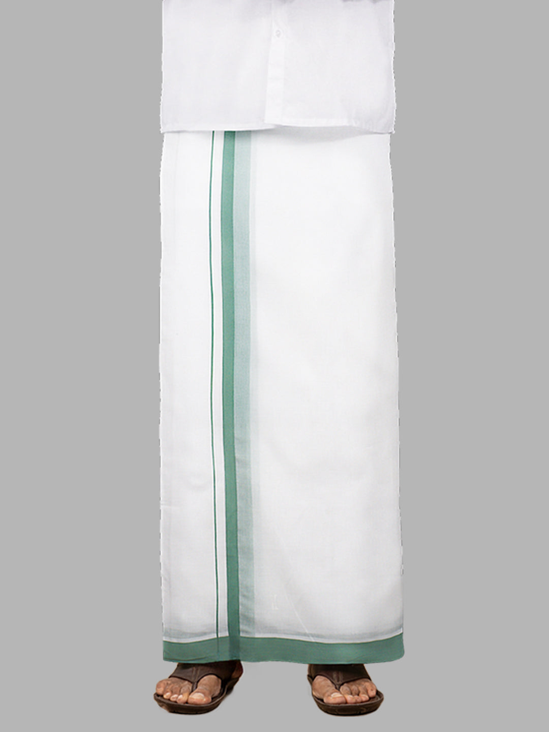 Men 100% Cotton Double Layer White Dhoti with Mintgreen Fancy Border PMF3