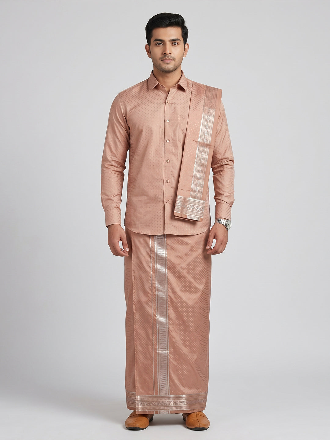 Men Art Silk Jacquard Design Shirt Dhoti & Towel Set Copper Tone Swayamvara Grand CTJD1