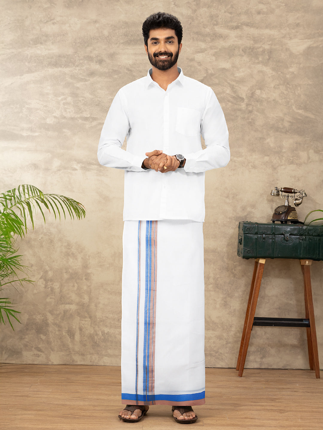 Men 100% Cotton Double Layer White Dhoti with Fancy Jari Border EJF9