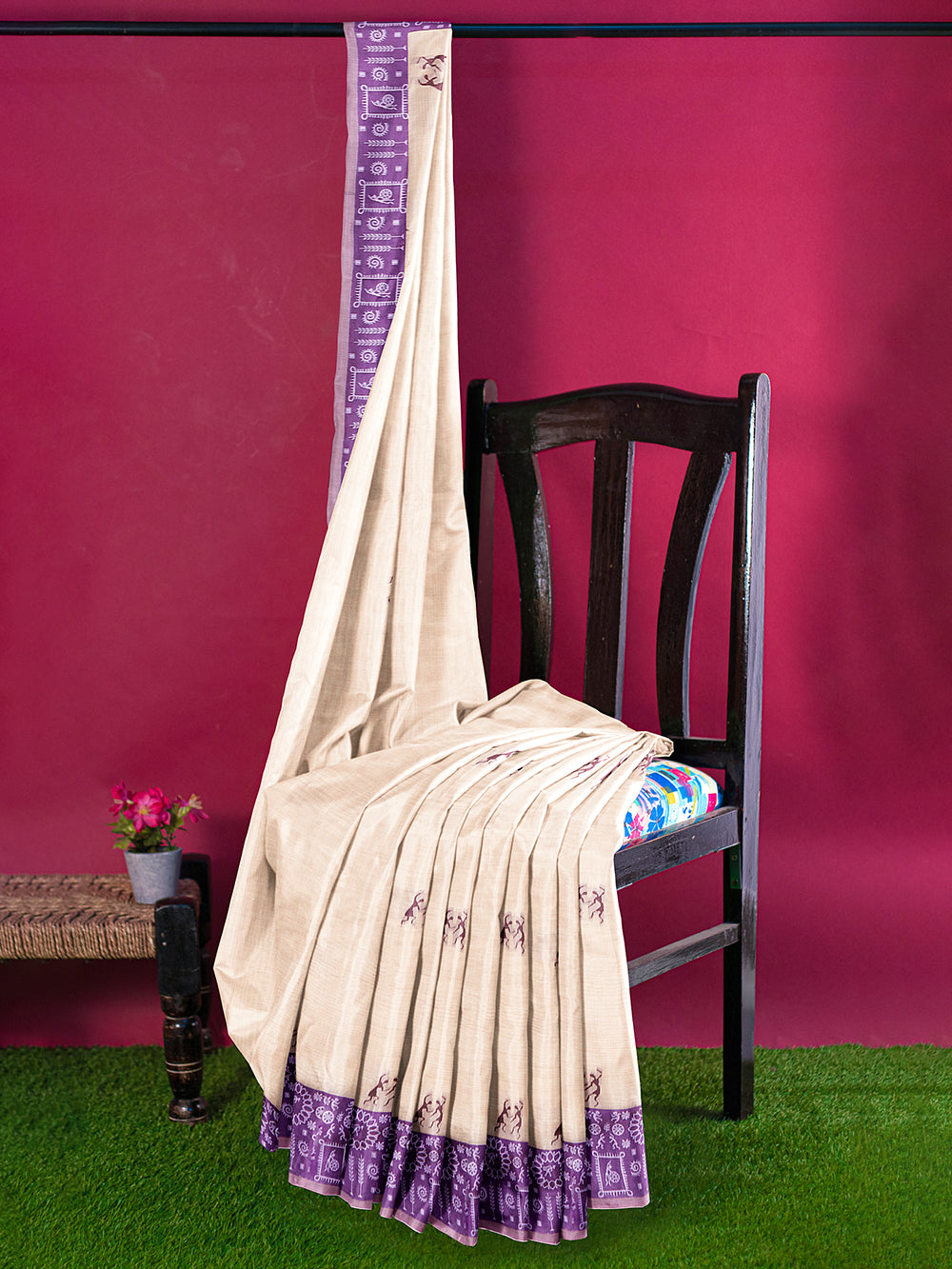 Women Semi Linen Printed Saree Sandal with Violet SL174