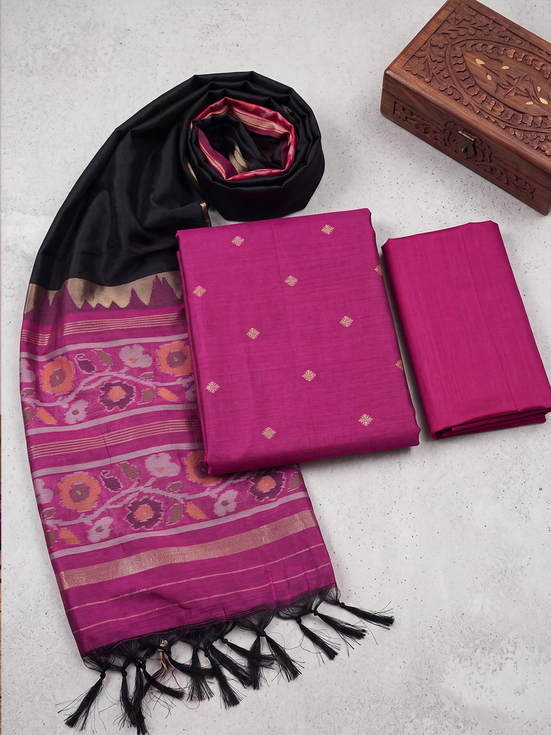 Women Semi Tussar Dress Material Purple with Black DM369