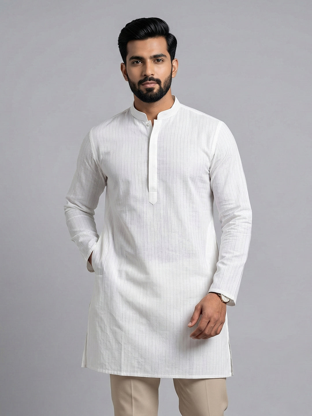 Men Cotton Medium Length Striped Pocket Kurta White RN42