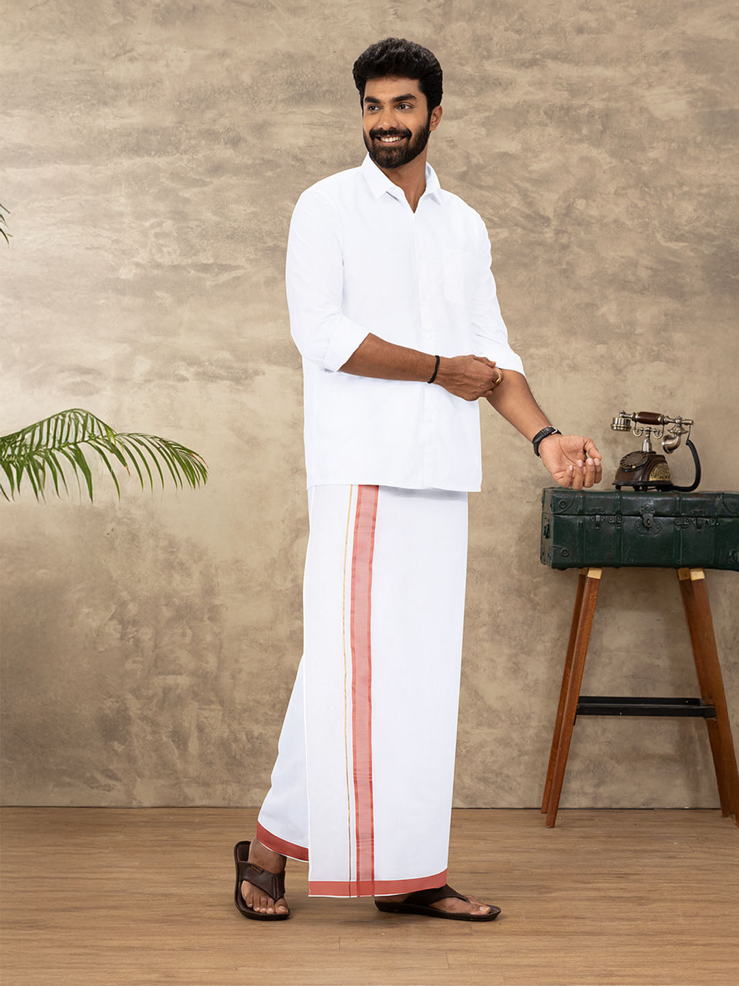 Men Cotton Blend Readymade Double Layer White Dhoti with Fancy Jari Border GFDA08