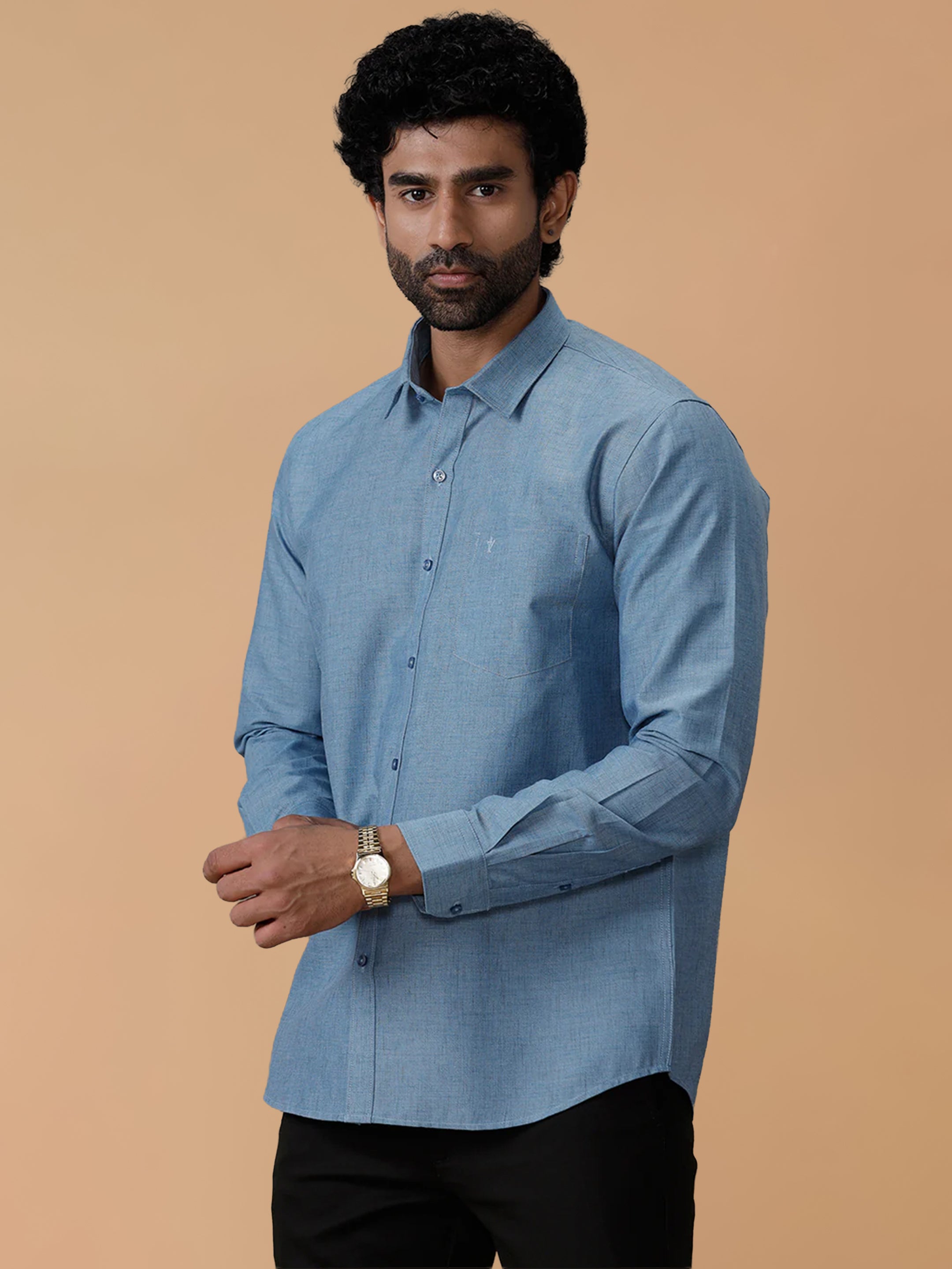 Cotton Rich Deep Blue Regular Fit Shirt Trendy 8 YH6